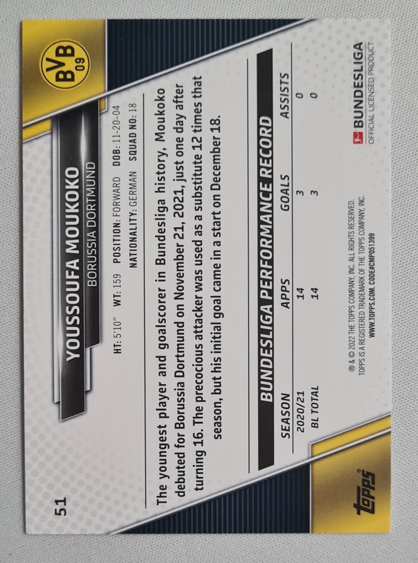 Youssoufa Moukoko - 2022 Topps BVB09 - Borussia Dortmund #51 Speckle Foil