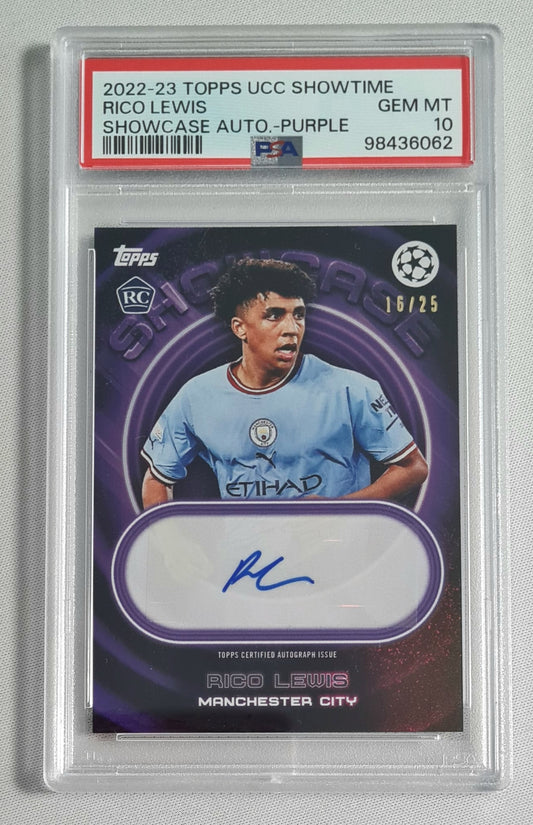 Rico Lewis - 2022/23 Topps UCC Showtime CL Manchester City (RC) Showcase Auto-Purple / Auto PSA 10 GEM MINT