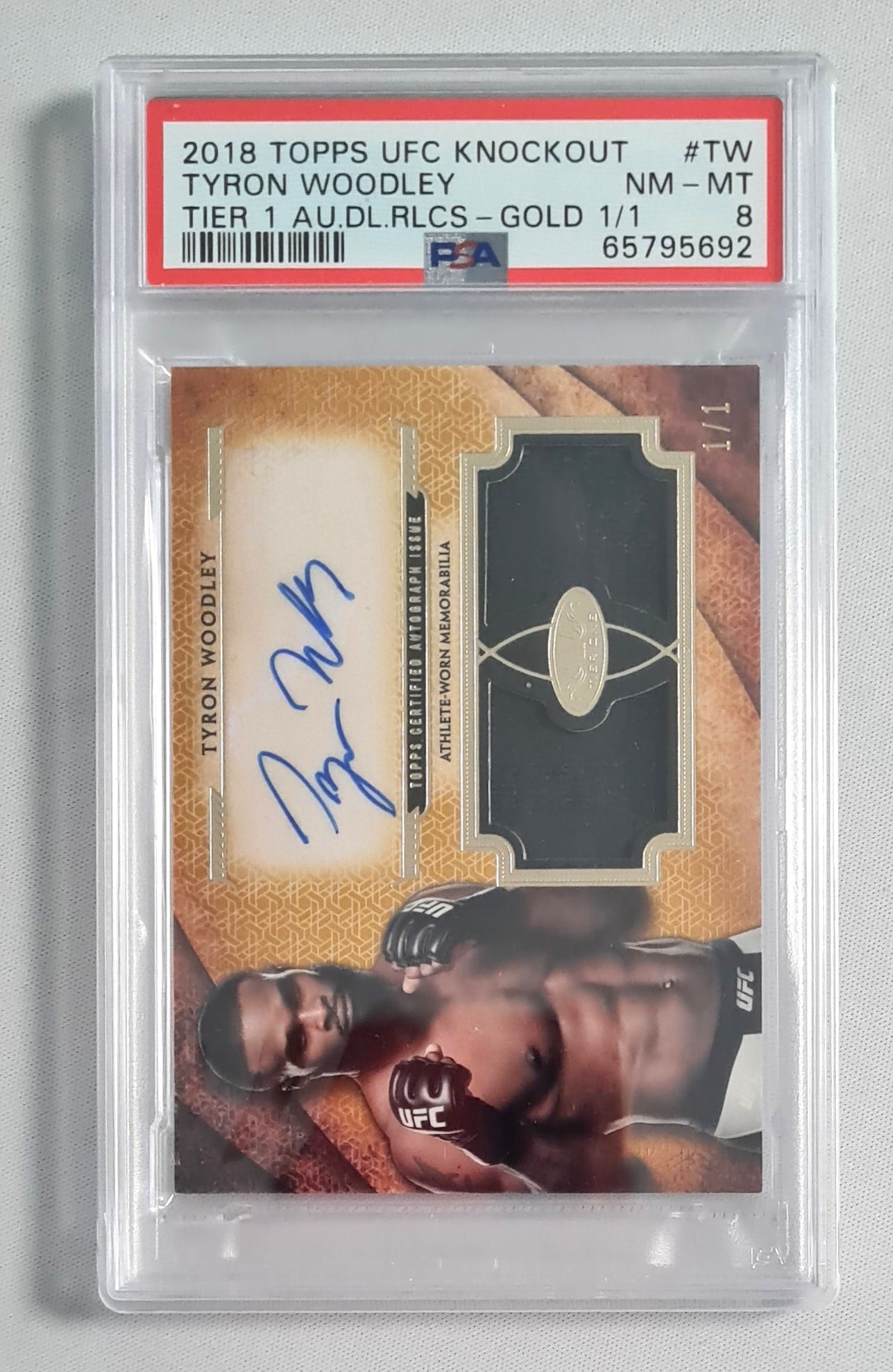 Tyron Woodley - 2018 Topps UFC Fighter - Knockout - Tier 1 AU.DL.RLCS Gold /Patch/ Auto #TW PSA 8 NM-MT 1/1