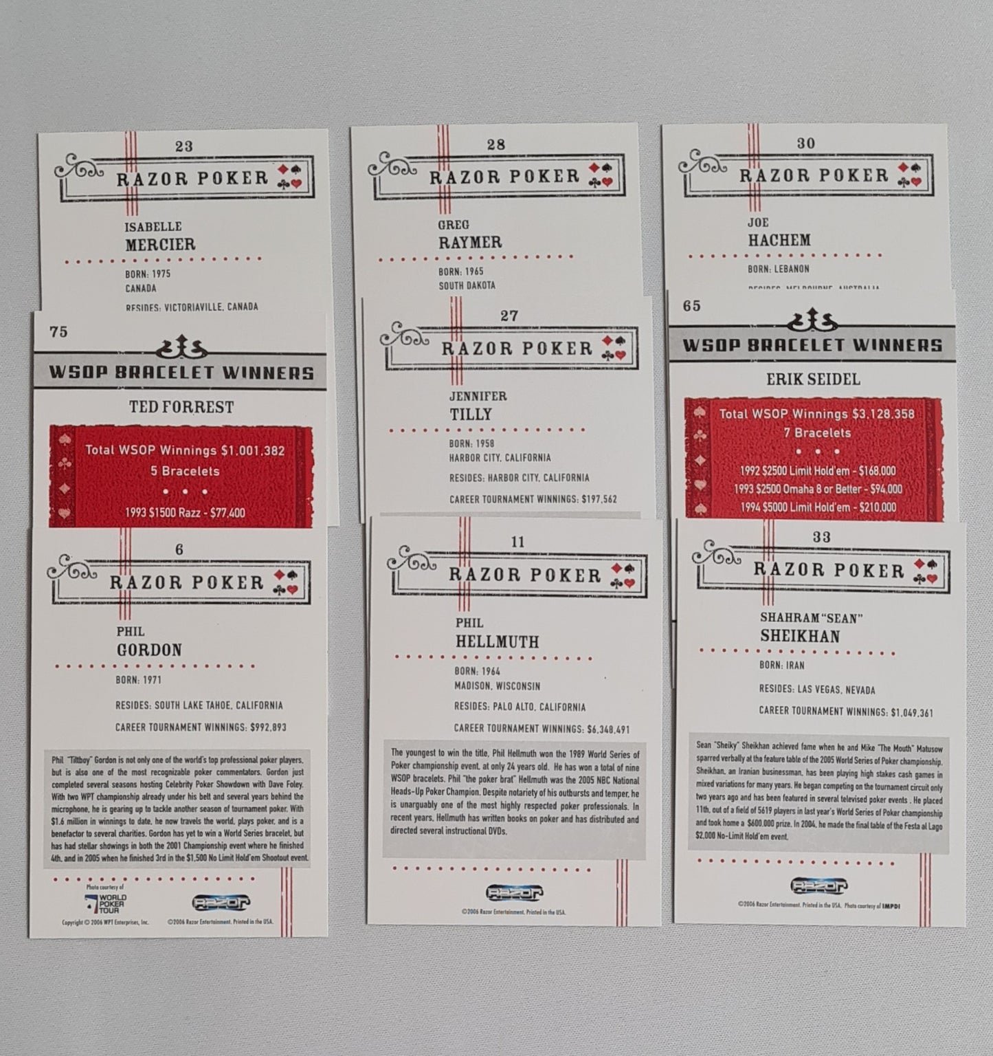 Poker Players Cards Lot (9 Cards) - 2006 Razor Entertainment Cards  WPT Stars