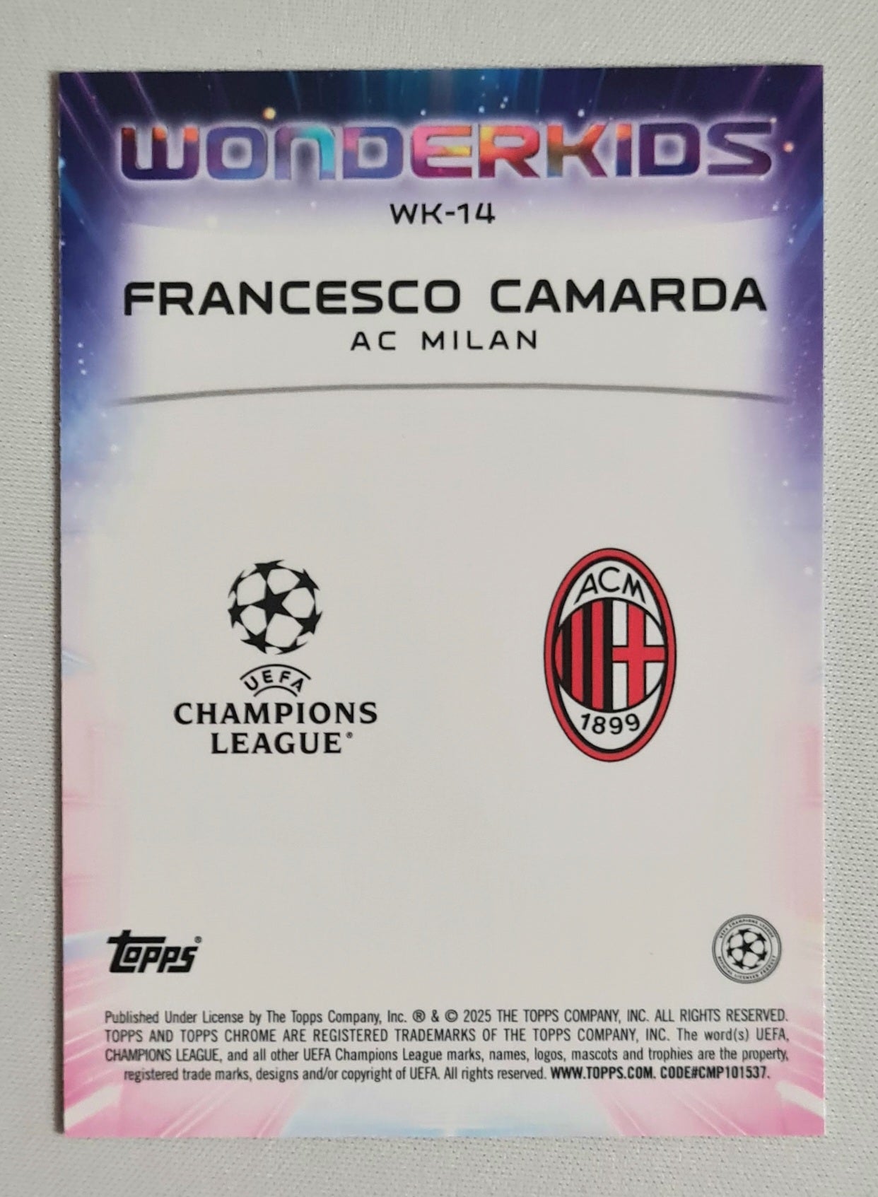 Francesco Camarda  - 2025 Topps Chrome Wonderkids AC Milan CL - WK-14