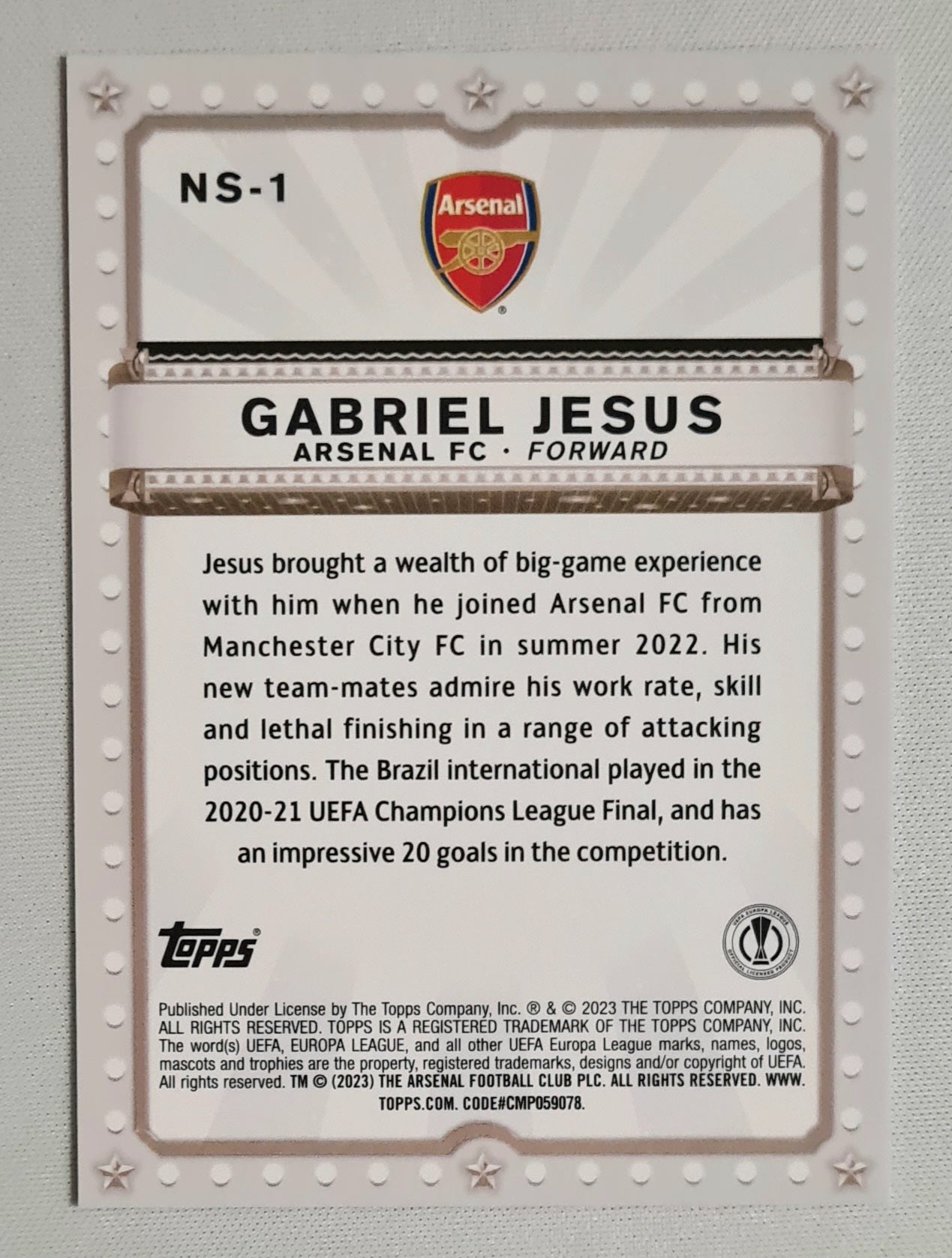 Gabriel Jesus - 2023 Topps Now Starring Arsenal FC (EL) #NS-1