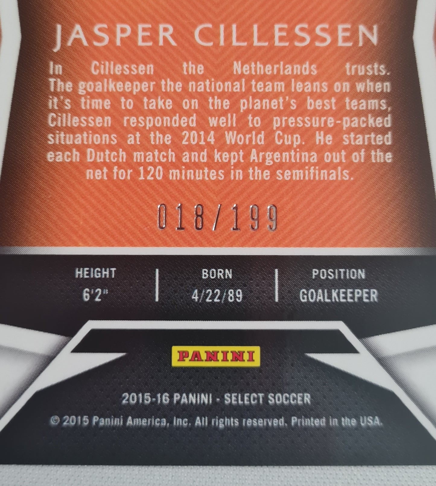 Jasper Cillessen - 2015/16 Panini Select Soccer Prizm Dutch National Team KNVB #97 /199