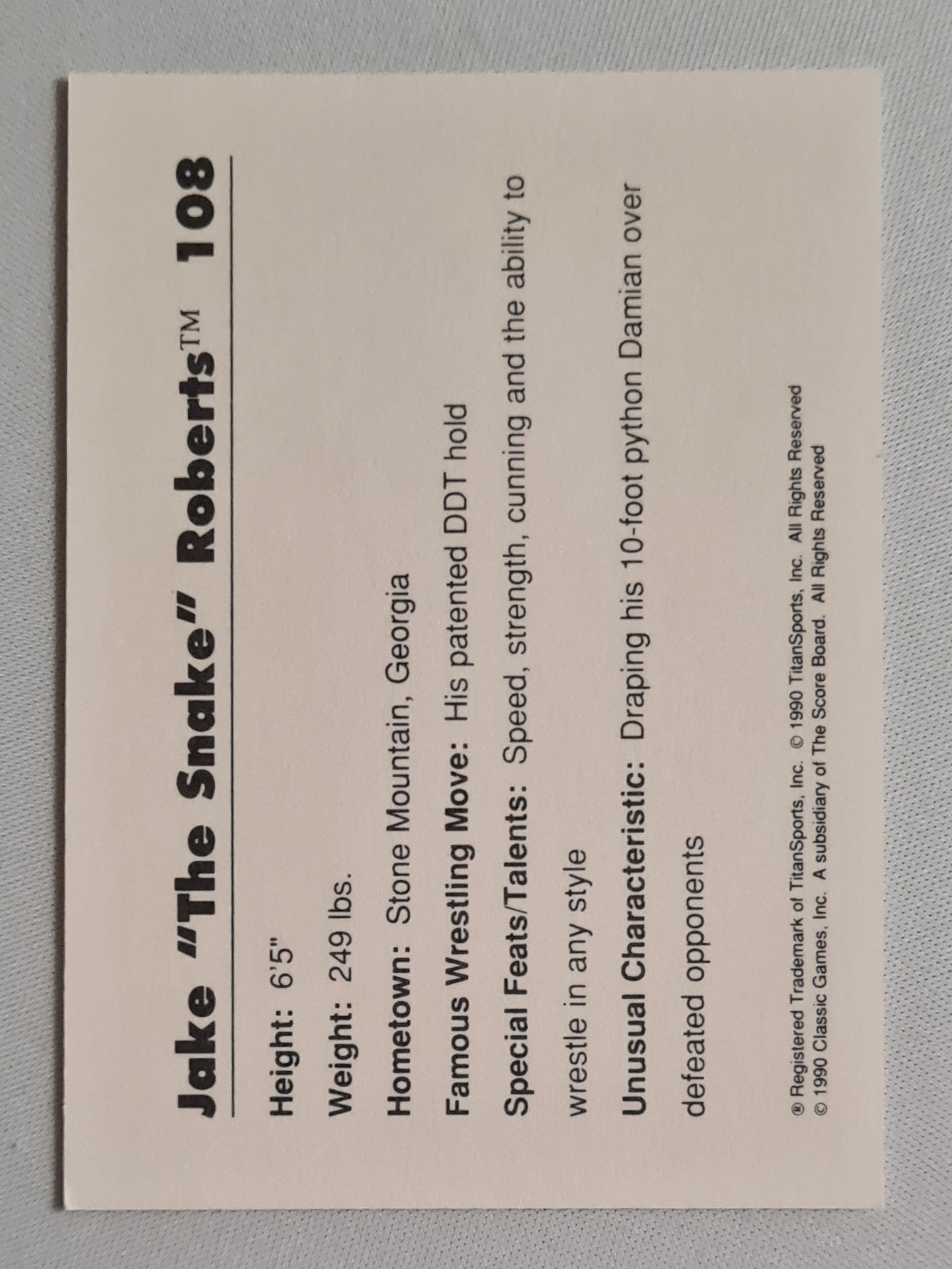 Jake "The Snake" Roberts - 1990 TitanSports Classic Games WWF (WWE) Classic #108