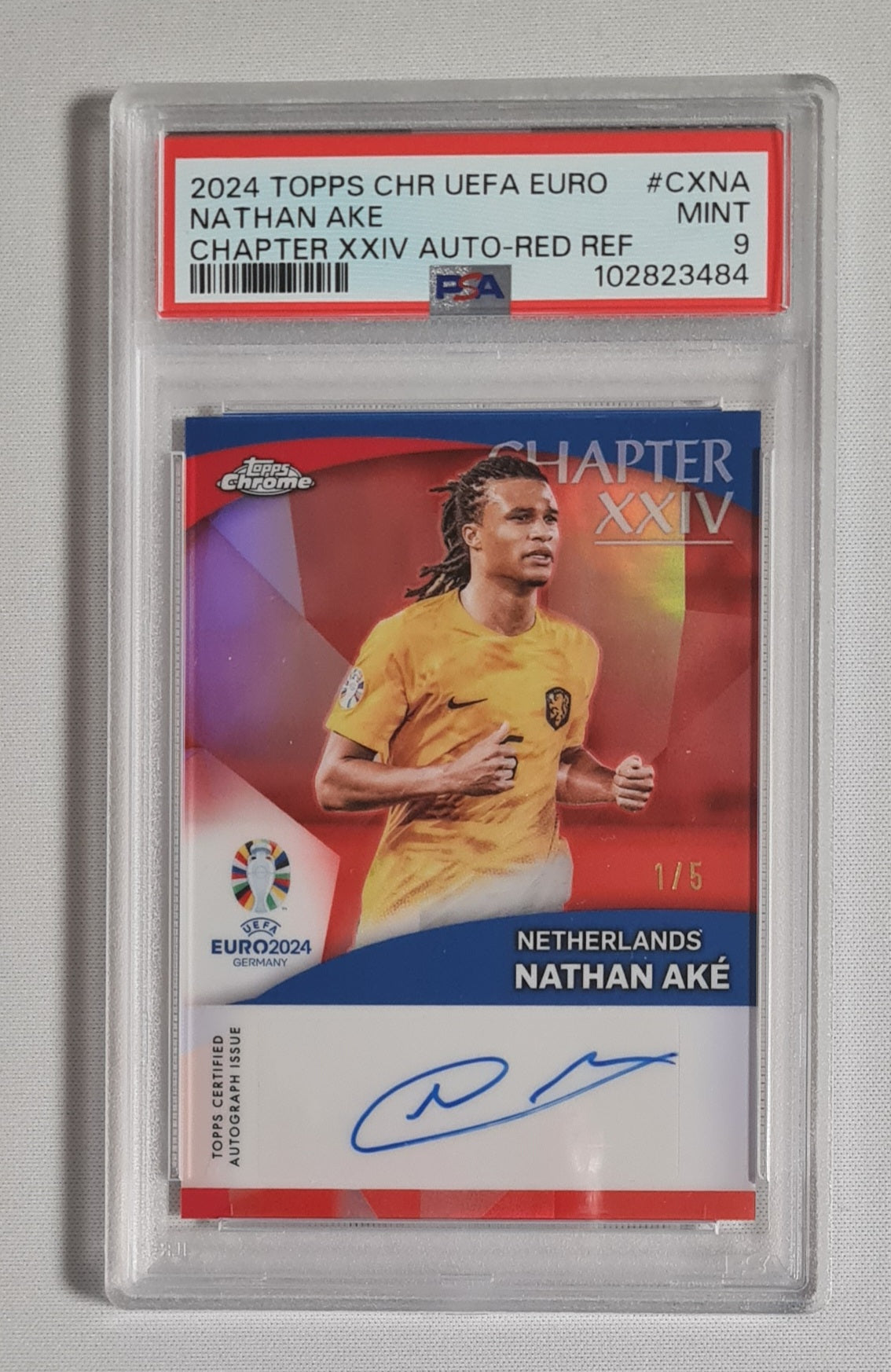 Nathan Ake - 2024 Topps Chrome UEFA Euro - Chapter XXIV Auto-Red Refractor #CXNA /5 PSA 9 MINT