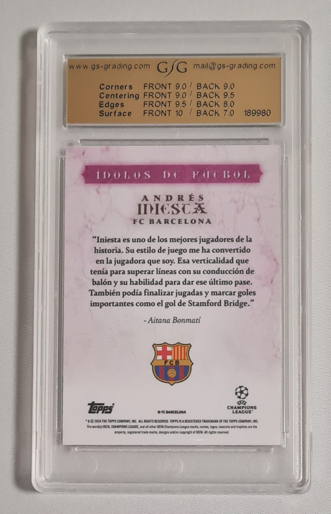 Andres Iniesta - 2024 Topps Platinum Idolos de Futbol - Aitana Bonmati Curated Set A.B.C.S. - UCL 8.5 NEAR MINT PINK /5