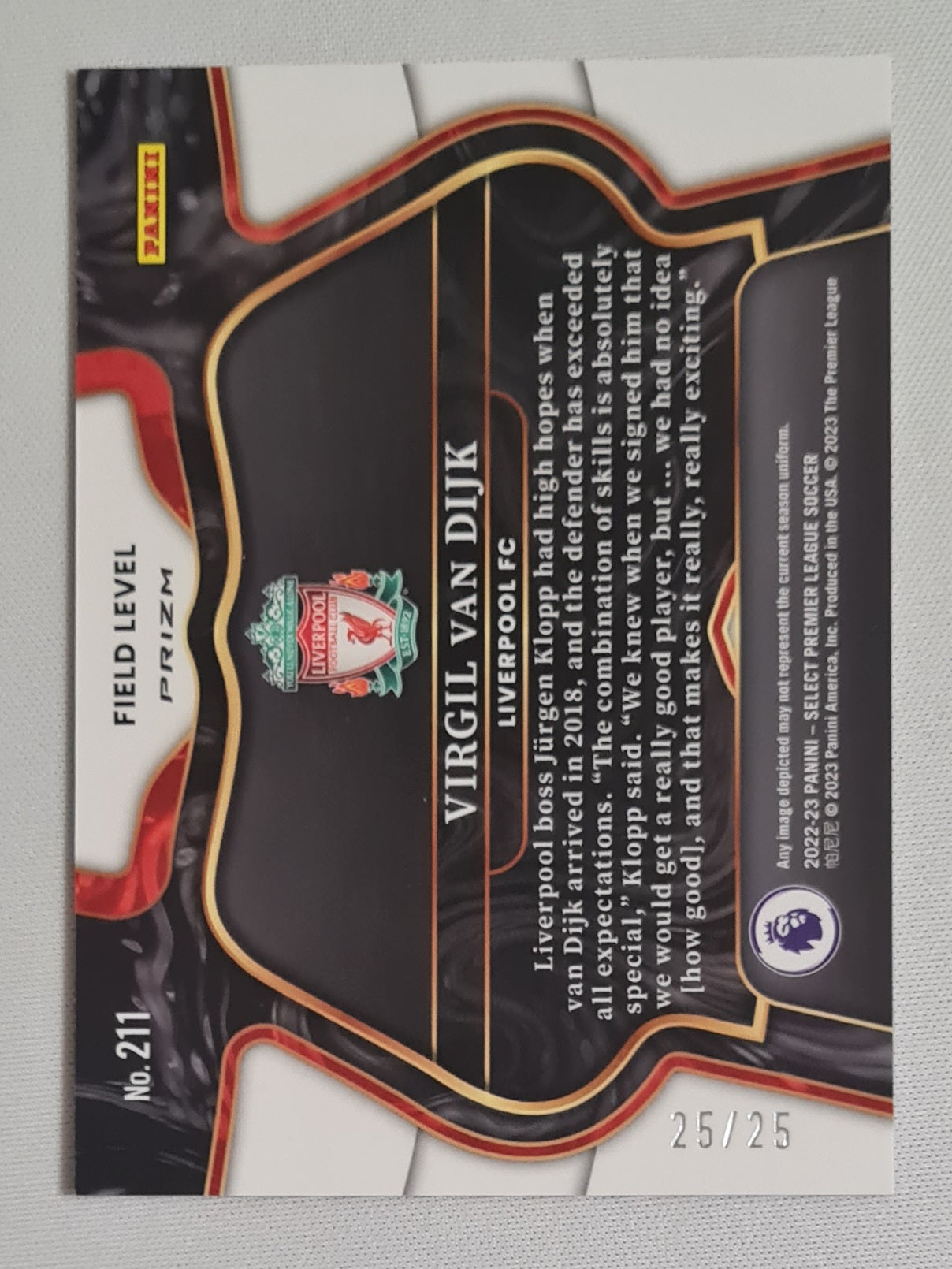 Virgil van Dijk - 2022/23 Panini Select Premier League Soccer - Field Level Prizm - Zebra /25 SP