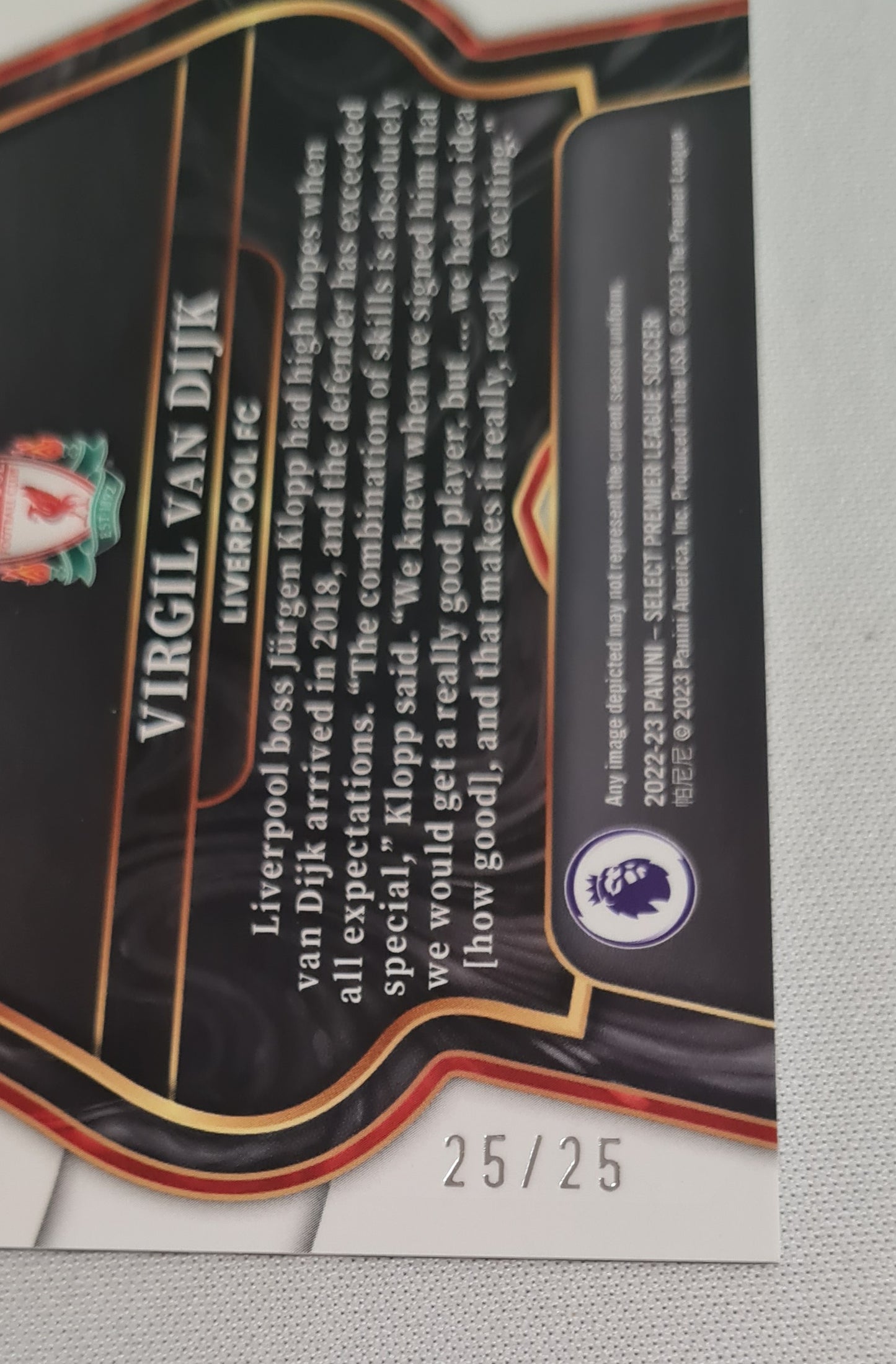 Virgil van Dijk - 2022/23 Panini Select Premier League Soccer - Field Level Prizm - Zebra /25 SP