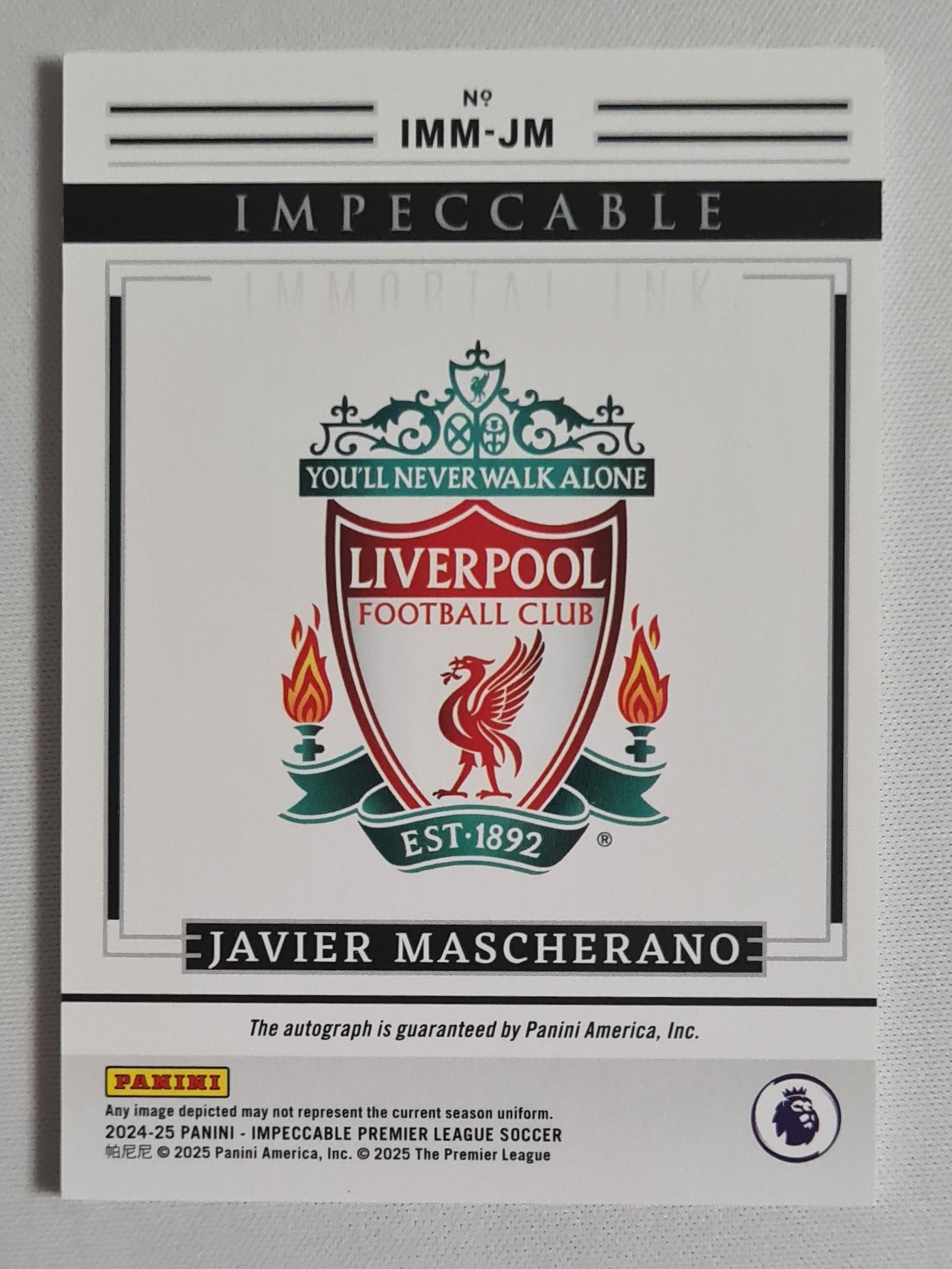 Javier Mascherano - 2024/25 Panini Impeccable Premier League Soccer Immortal Ink Liverpool #IMM-JM /Auto/49