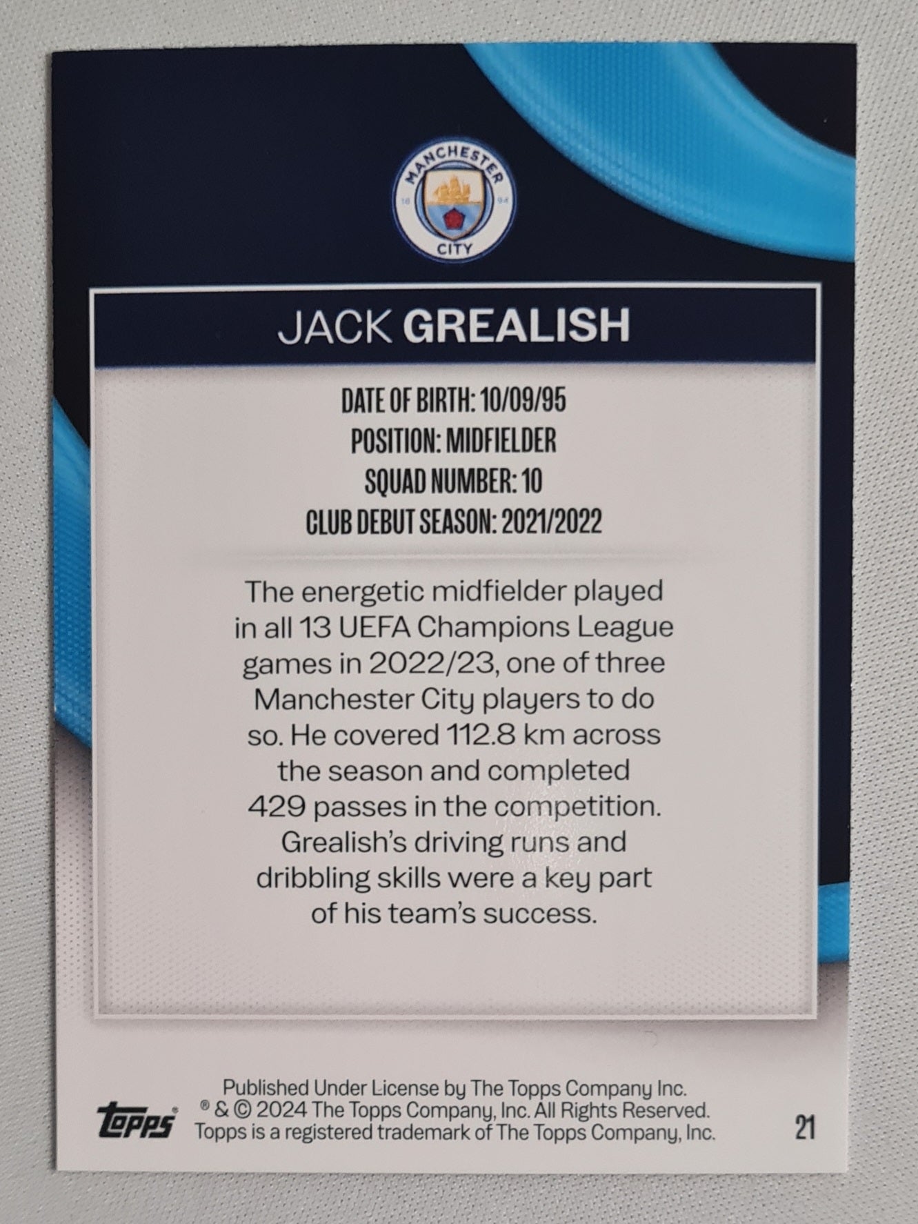 Jack Grealish - 2024 Topps Manchester City "the Citizens" #21 Purple Refractor /10