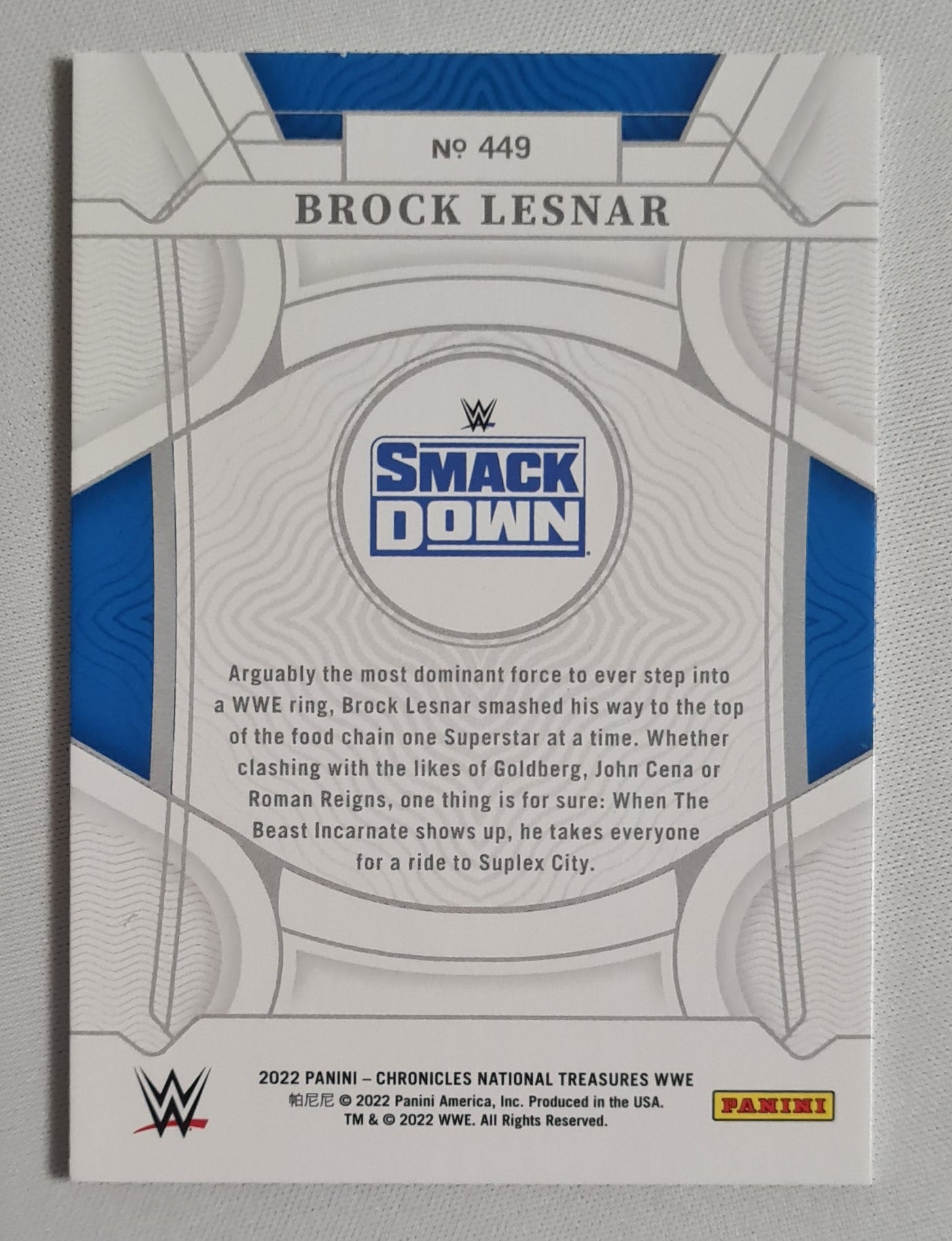 Brock Lesnar -2022 Panini Chronicles National Treasure WWE Wrestling Smack Down #449 /99