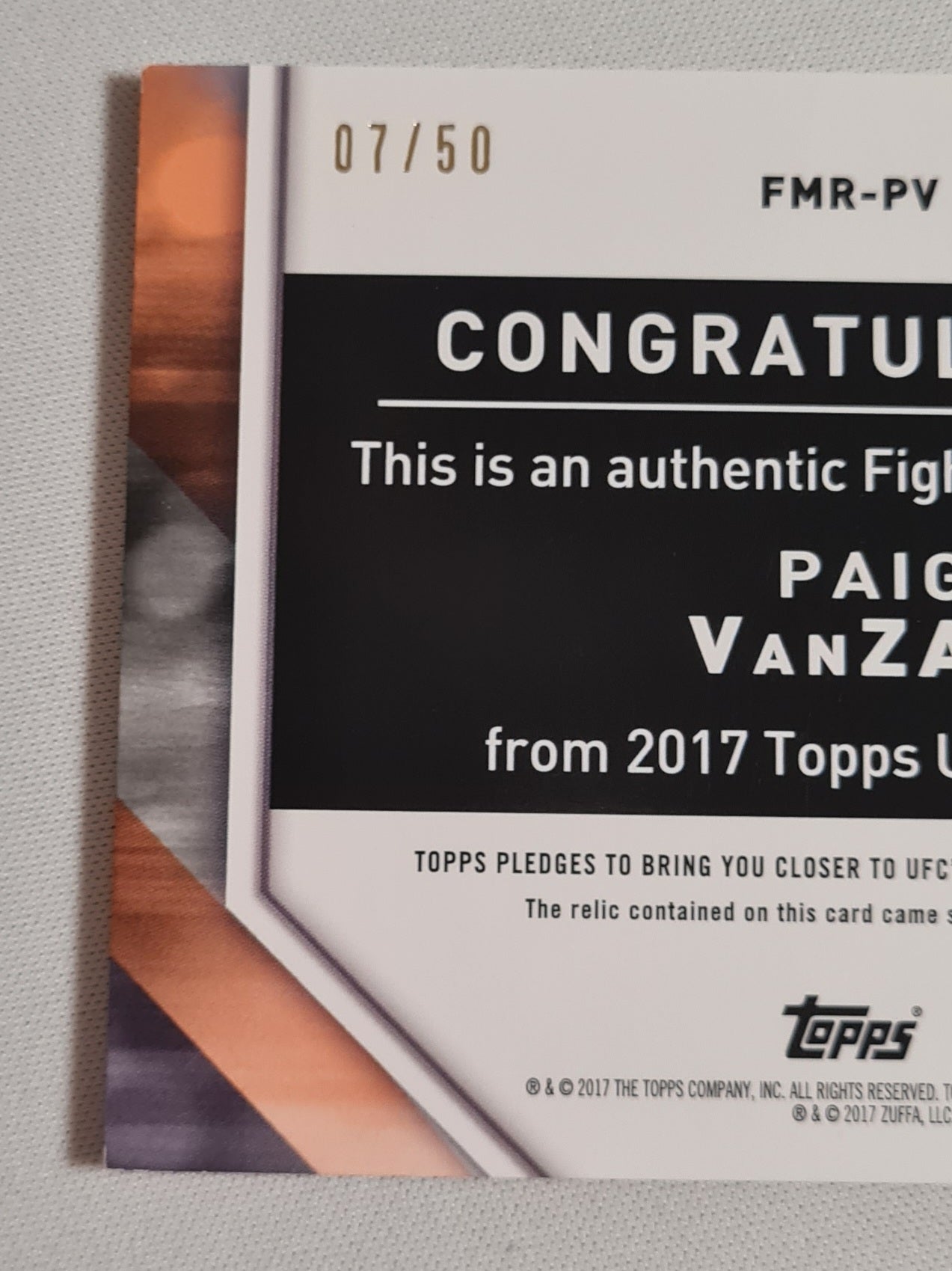 Paige VanZant - 2017 Topps UFC Fighter #FMR-PV /50 Authentic Mat Relic Card