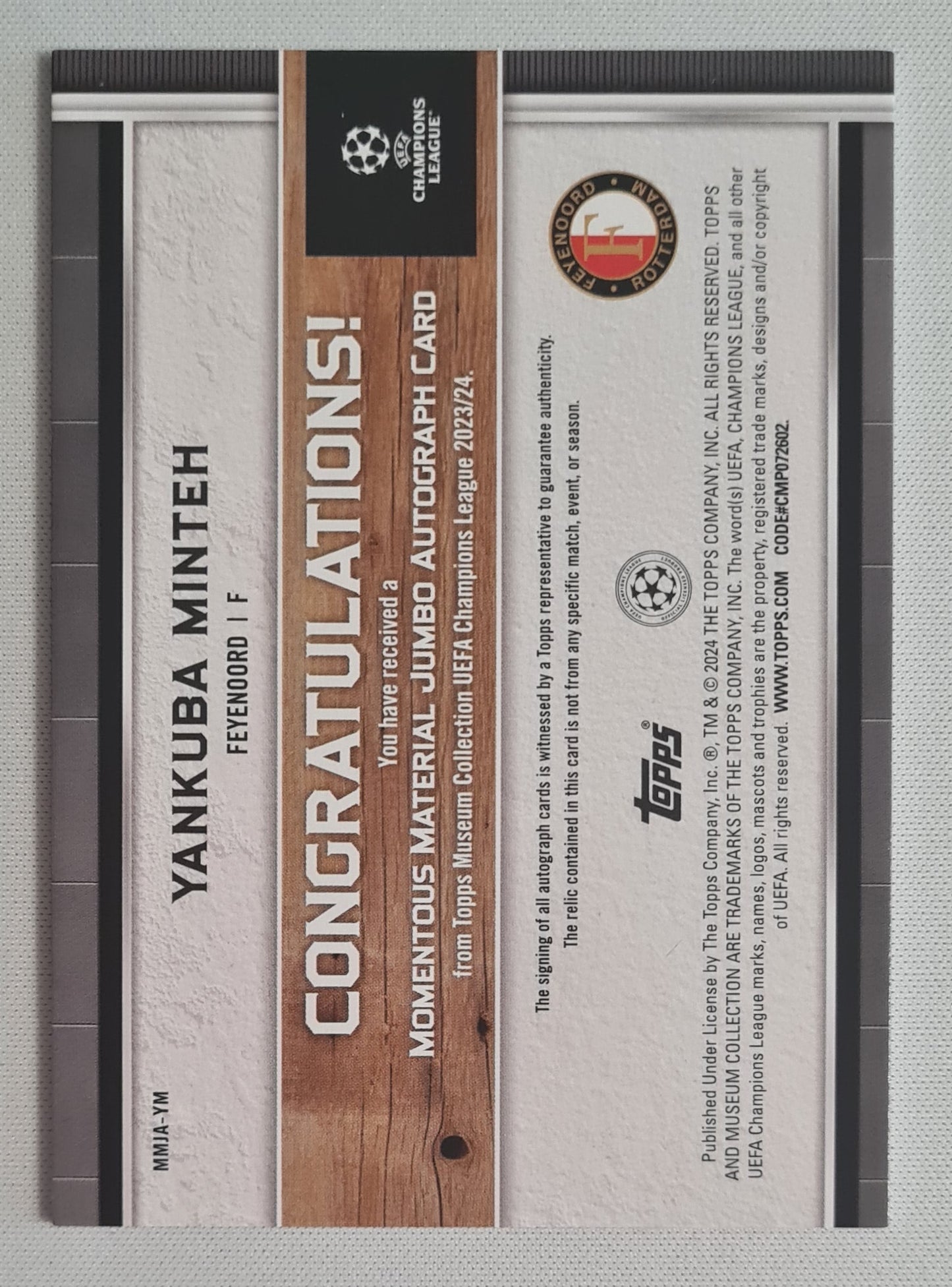 Yankuba Minteh - 2024 Topps Momentous Material (CL) Match Worn Material Feyenoord (RC) #MMJA-YM /199 Autograph