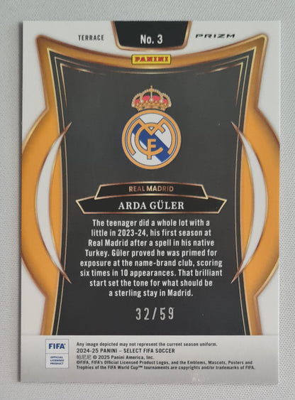 Arda Guler - 2024/25 Panini Select FIFA Soccer Real Madrid #3 Terrace Prizm Pink /59