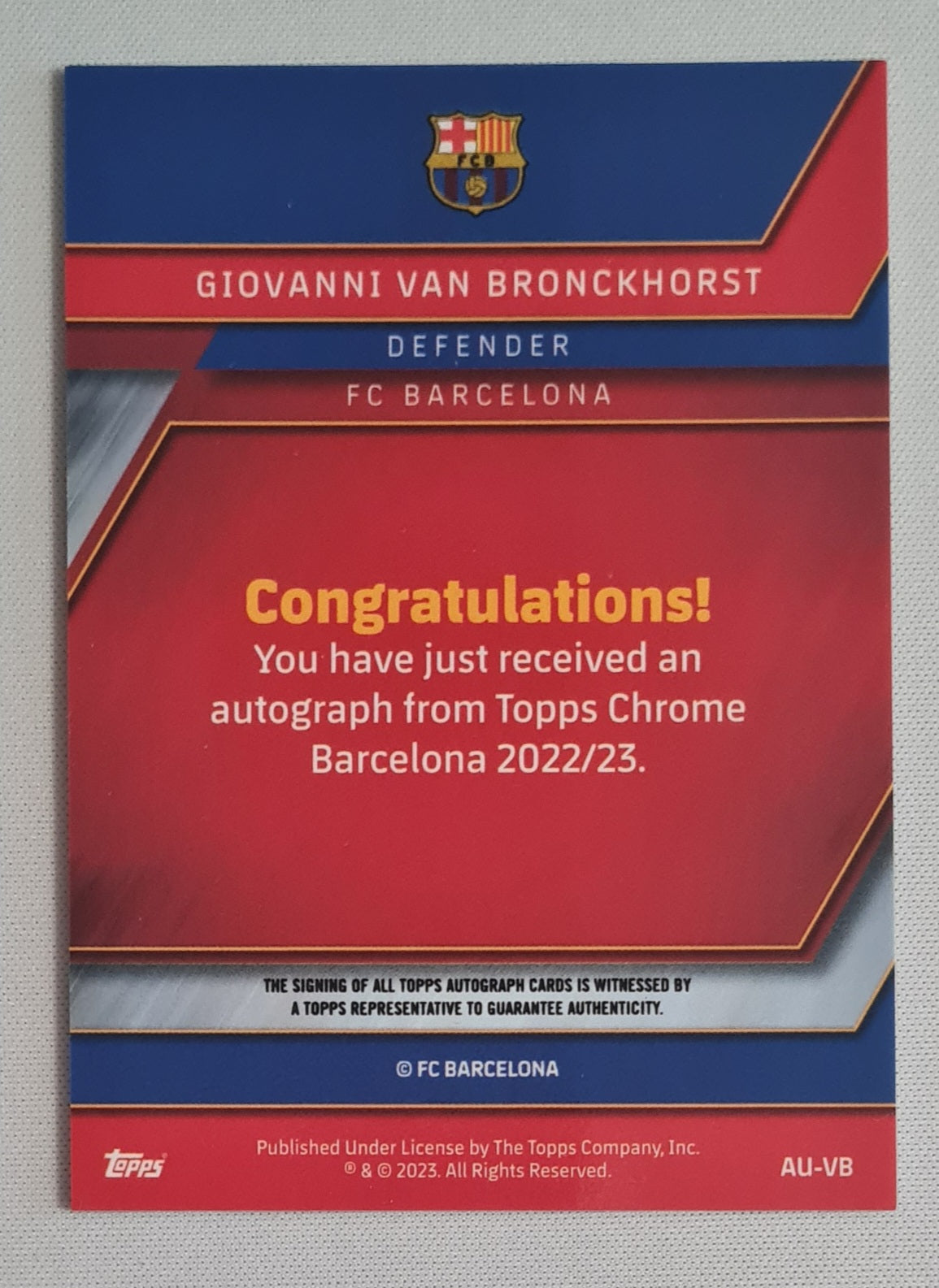 Giovanni van Bronkhorst - 2023 Topps Chrome FC Barcelona #AU-VB Refractor/Autograph