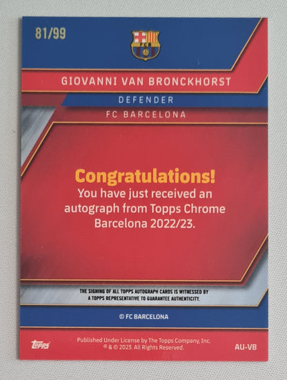 Giovanni van Bronkhorst - 2023 Topps Chrome FC Barcelona #AU-VB Gold Checkers /99 /Autograph