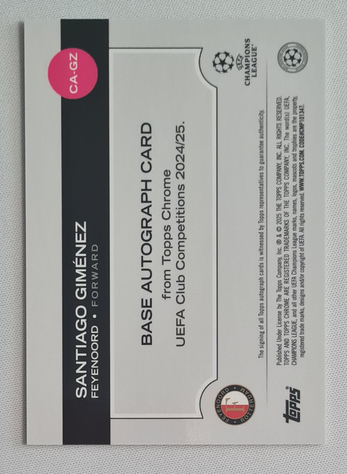 Santiago Gimenez - 2025 Topps Chrome Feyenoord Rotterdam (CL) #CA-GZ Refractor Autograph
