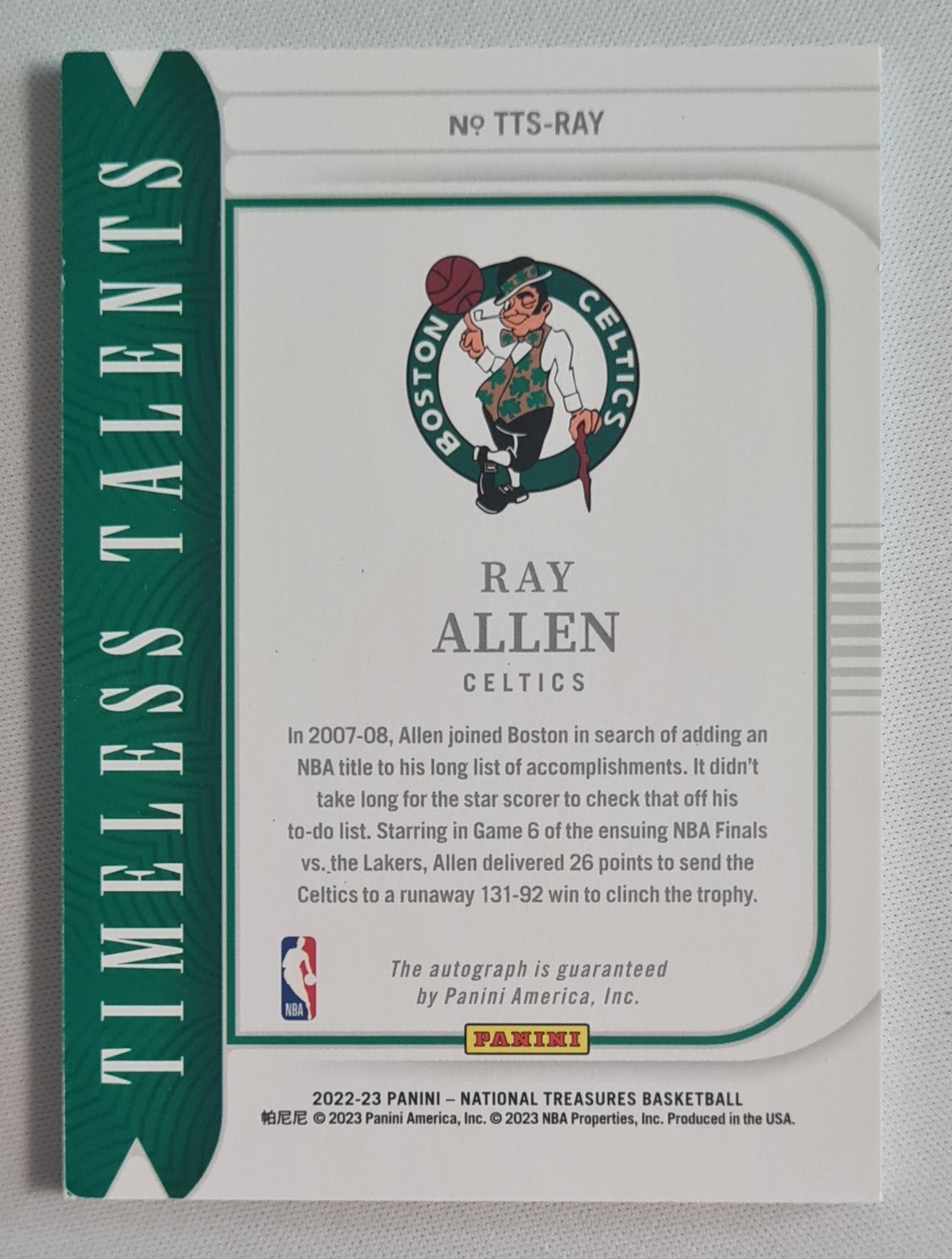 Ray Allen - 2022/23 Panini National Treasures Basketball NBA Boston Celtics #TTS-RAY /49 On-Card Autograph RARE!