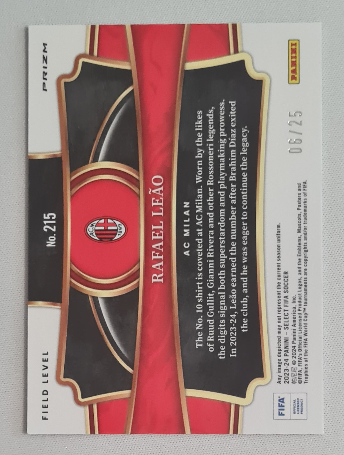 Rafael Leao - 2023/24 Panini Select FIFA Soccer Field Level Prizm ZEBRA #215 /25 Case Hit