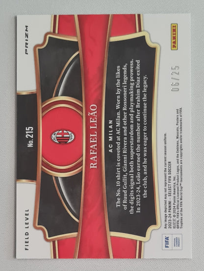 Rafael Leao - 2023/24 Panini Select FIFA Soccer Field Level Prizm ZEBRA #215 /25 Case Hit