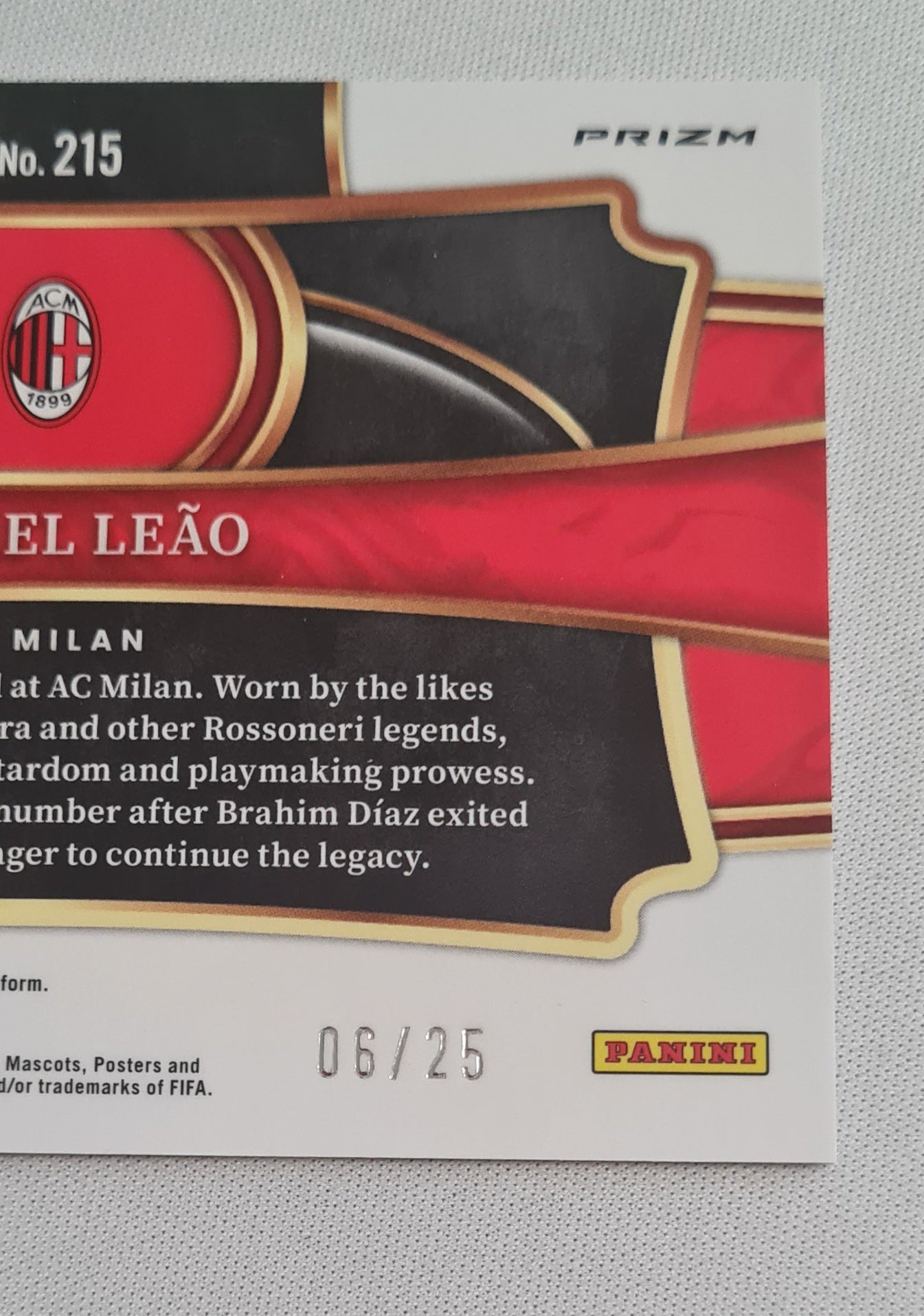 Rafael Leao - 2023/24 Panini Select FIFA Soccer Field Level Prizm ZEBRA #215 /25 Case Hit