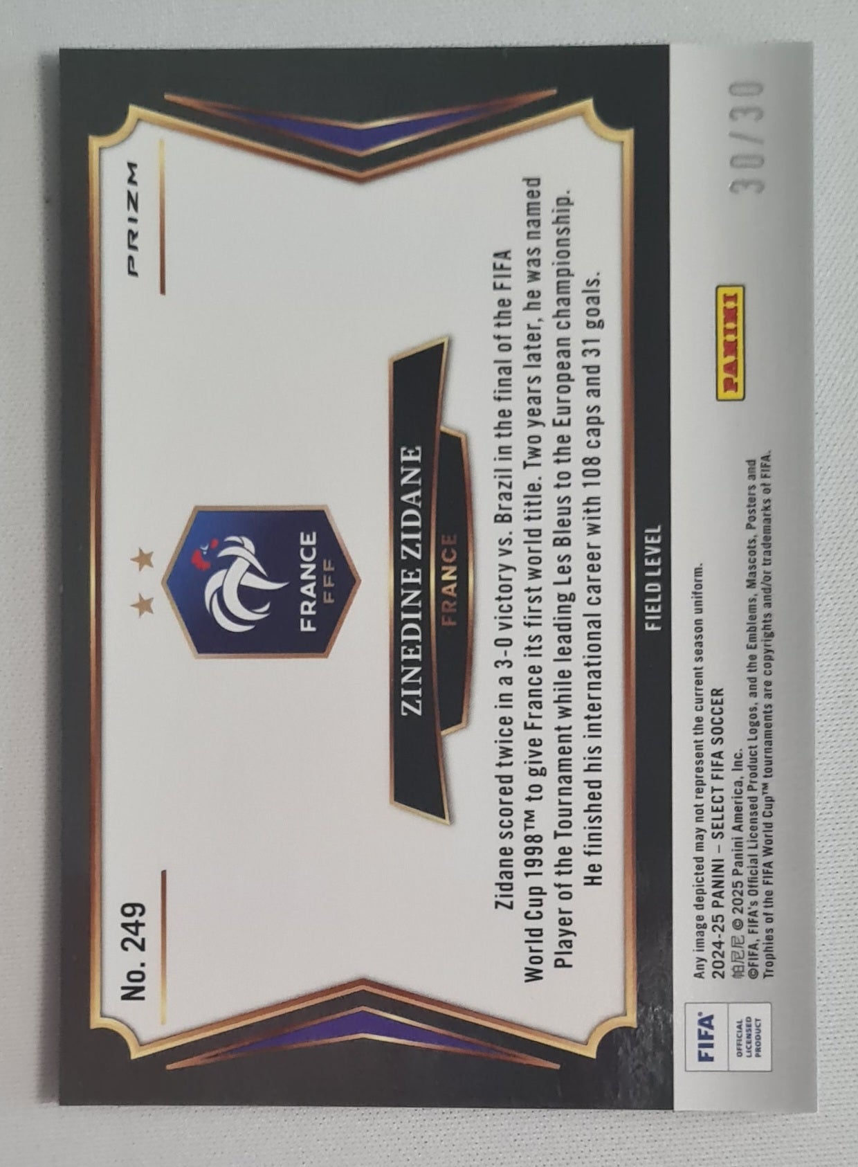 Zinedine Zidane - 2024/25 Panini Select FIFA Soccer Field Level National Team France Prizm #249 Field Winter camo /30