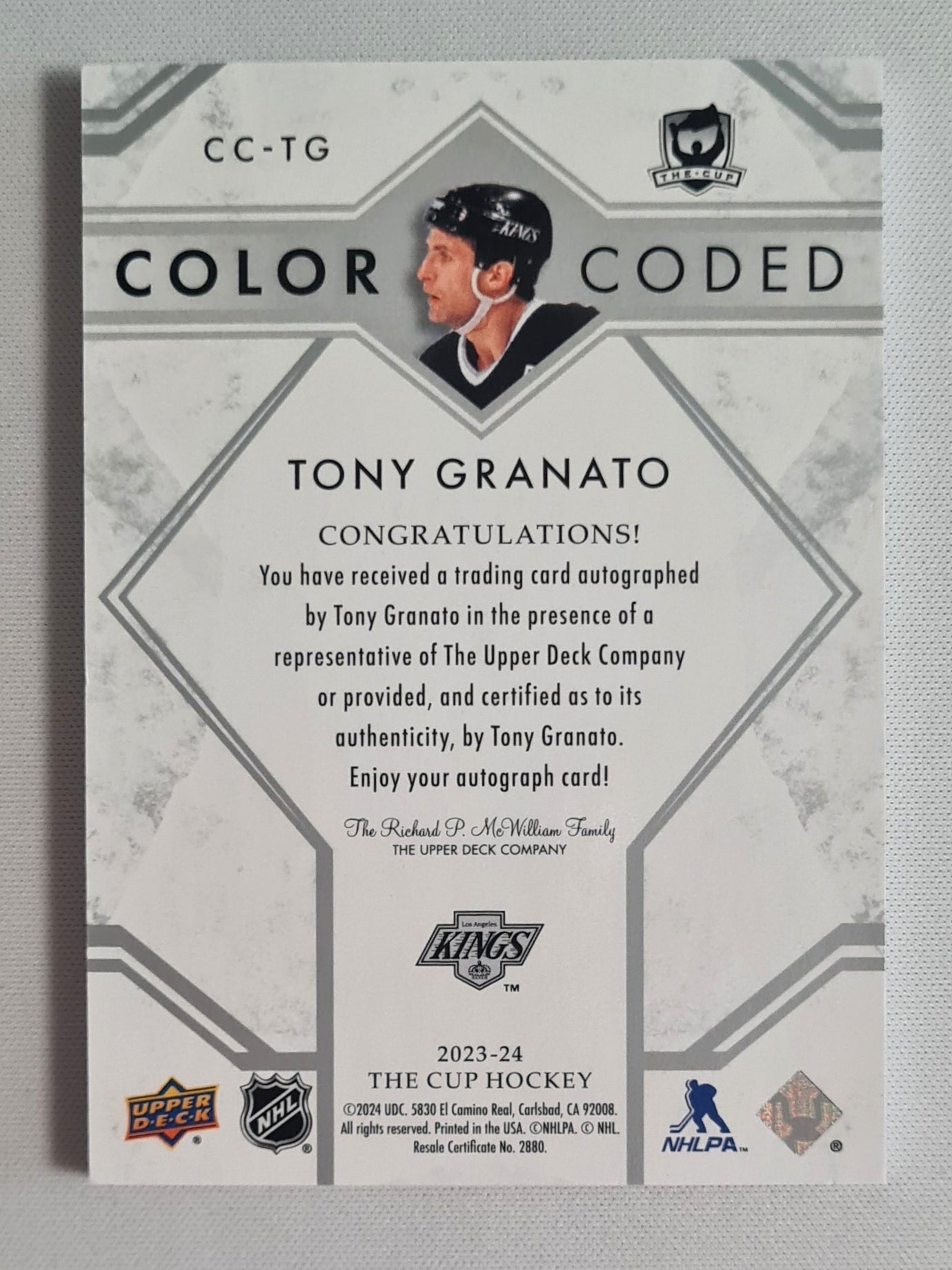 Tony Granato - 2023/24 Upper Deck The Cup Hockey NHL LA Kings Color Coded #CC-TG/ On-Card Autograph
