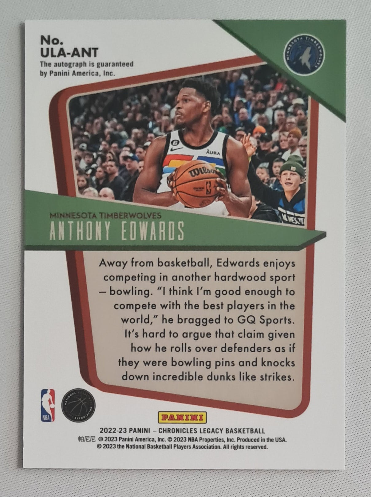 Anthony Edwards - 2022/23 Panini Chronicles Legacy Basketball NBA Minnesota Timberwolves - Under the Lights - #ULA-ANT /Autograph