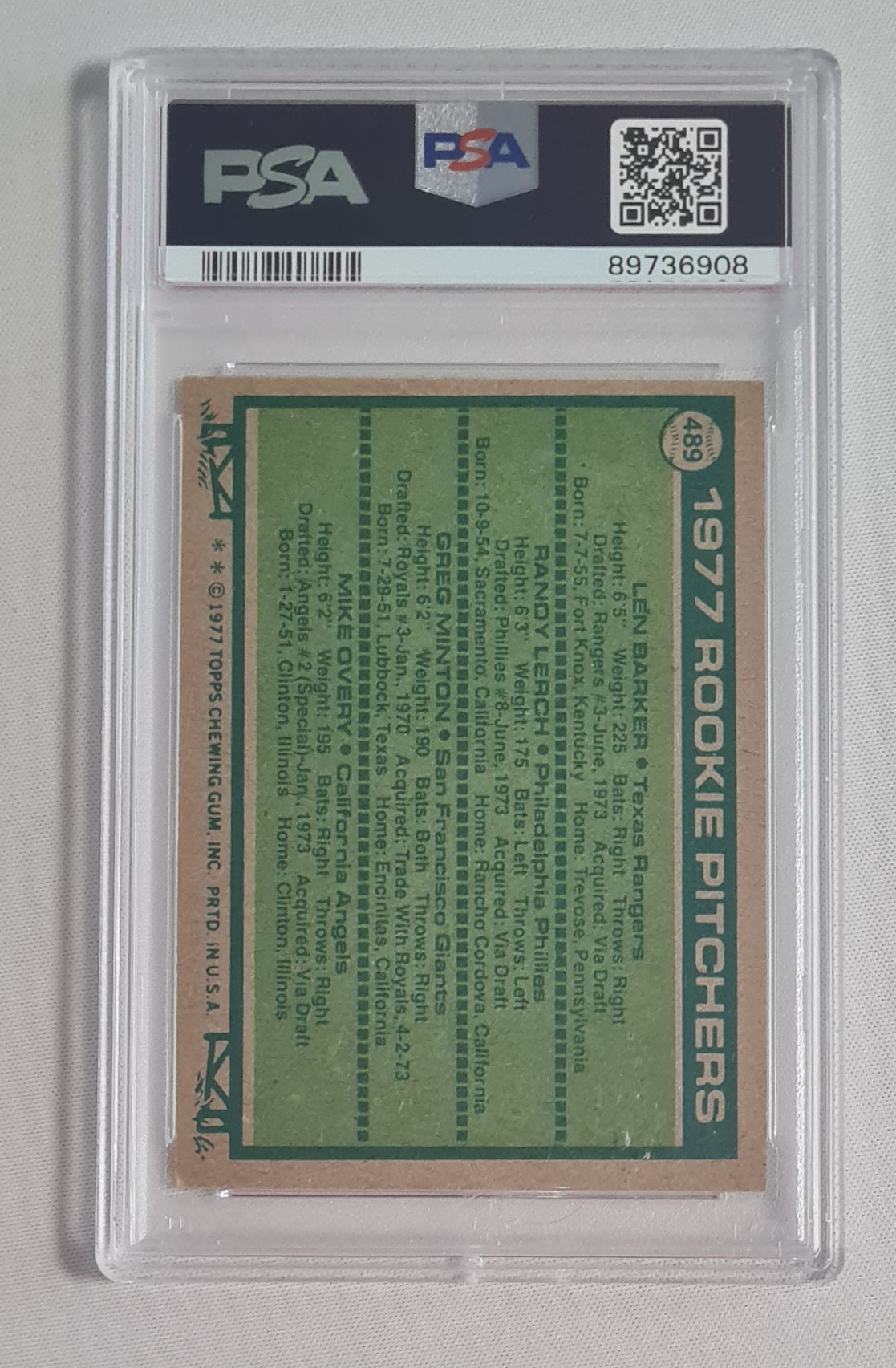 Len Baker, Randy Lerch, Greg Minton, Mike Overy - 1977 Topps Rookie Pitchers #489 PSA 4