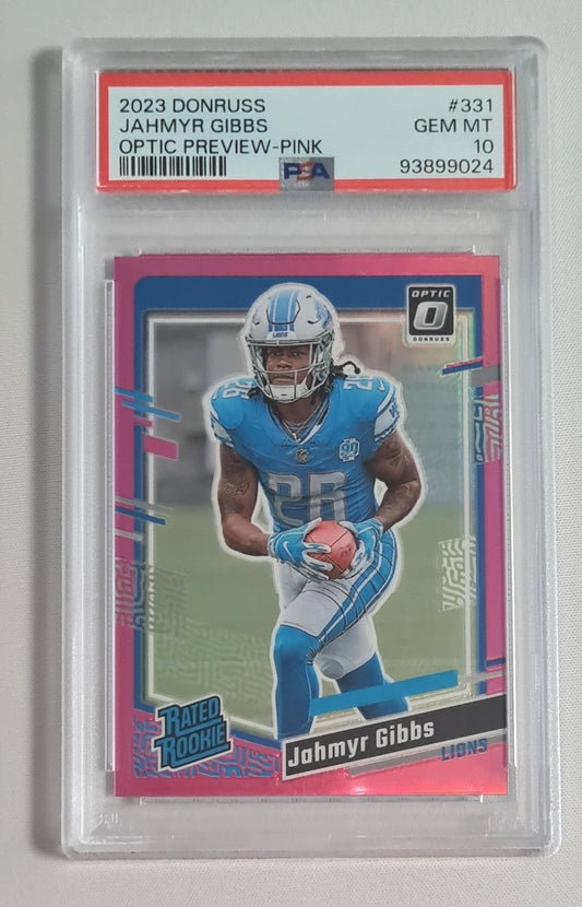 Jahmyr Gibbs - 2023 Panini Donruss Football NFL Detroit Lions Optic Preview-Pink Rated Rookie #331 PSA 10 GEM MINT