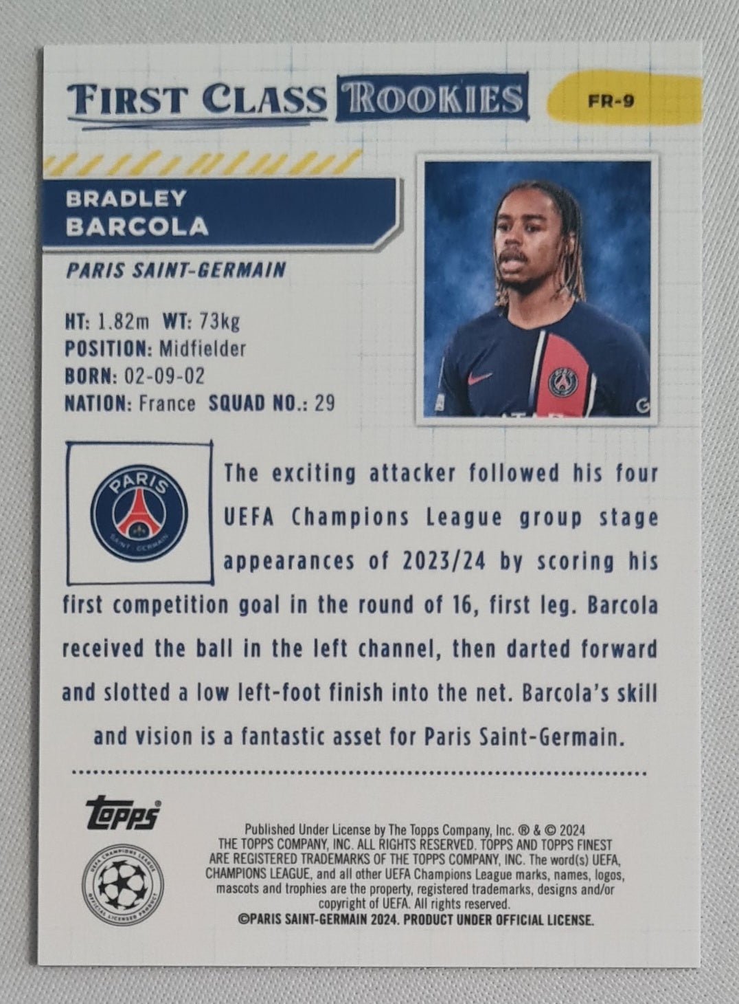 Bradley Barcola - 2024 Topps Finest First Class Rookies Paris Saint Germain (CL) #FR-9 /299 Purple