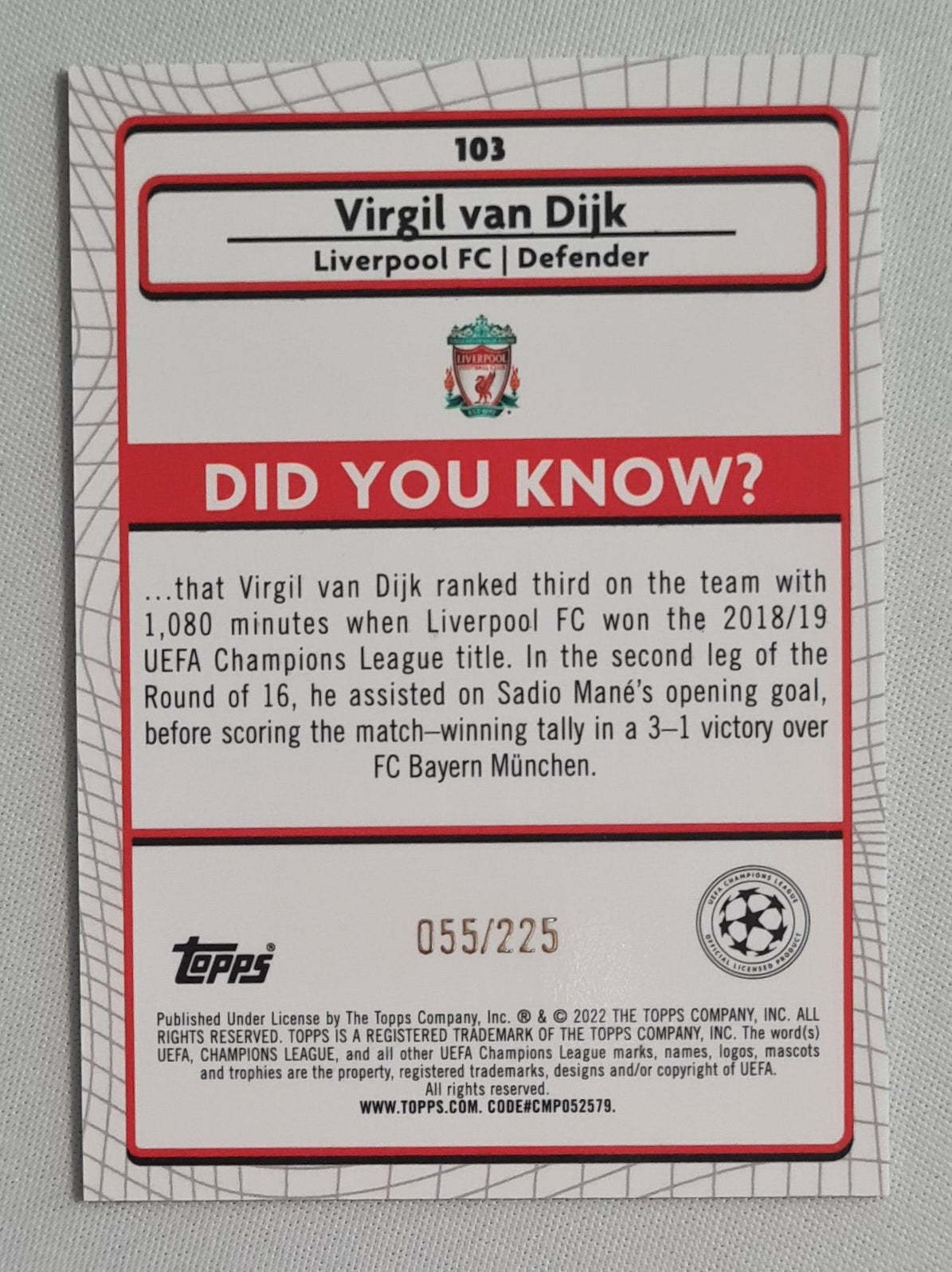 Virgil van Dijk - 2021/22 Topps Merlin Premier League Soccer EPL Liverpool FC #103 Yellow /225