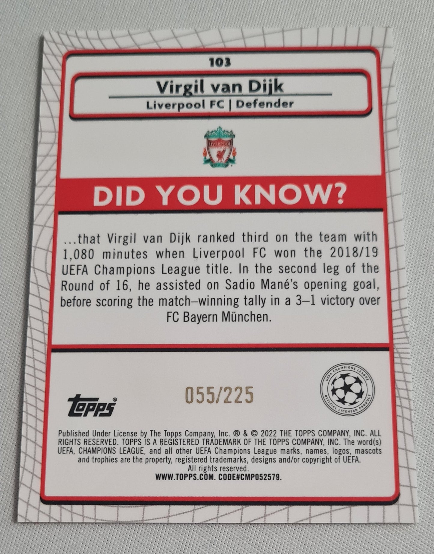 Virgil van Dijk - 2021/22 Topps Merlin Premier League Soccer EPL Liverpool FC #103 Yellow /225