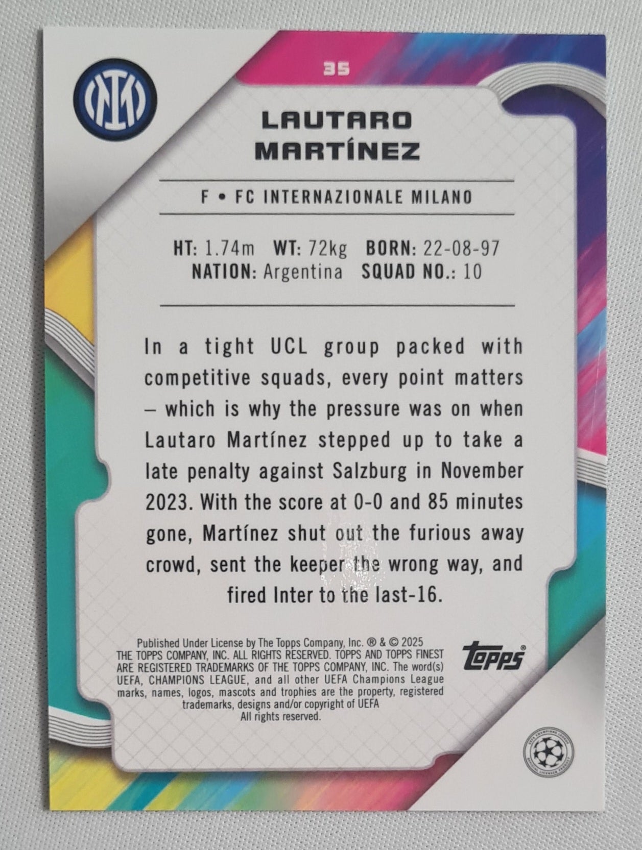 Lautaro Martinez - 2025 Topps Finest FC Internazionale Milano (CL) #35 /99 Green Lava Refractor