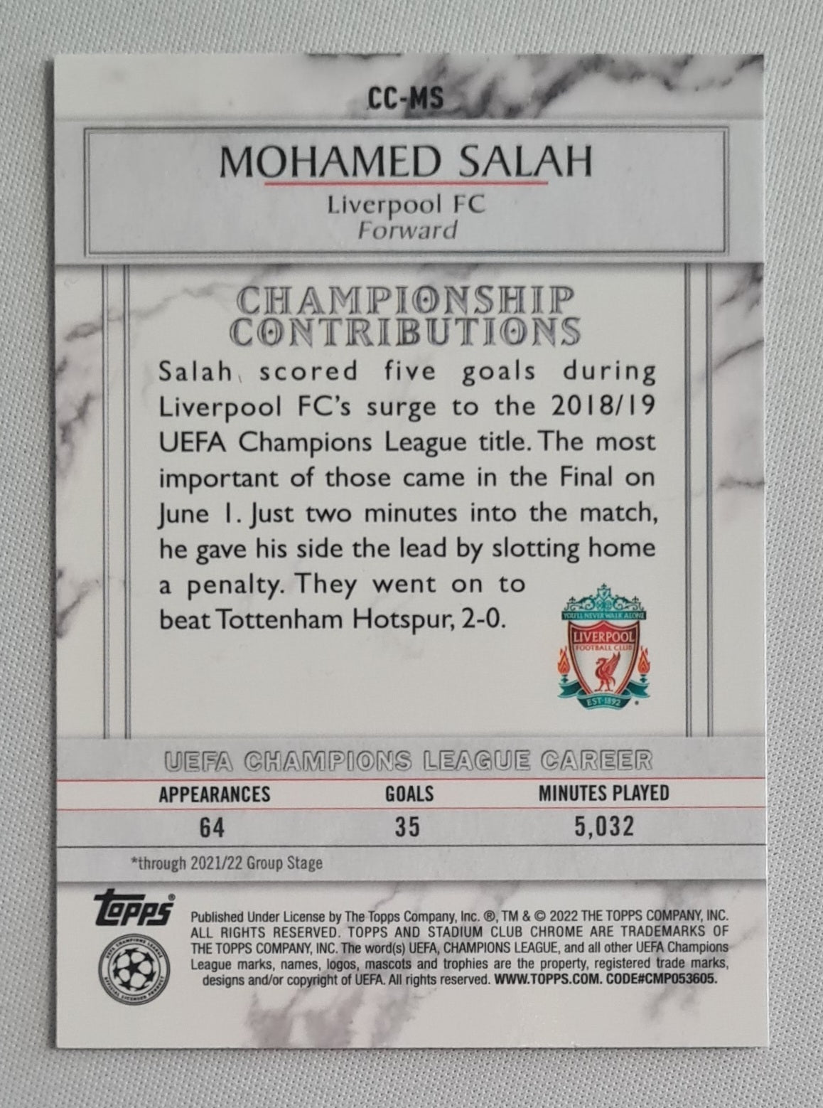 Mohamed Salah - 2022 Topps Championship Contributions Premier League Soccer Liverpool (CL) #CC-MS Refractor