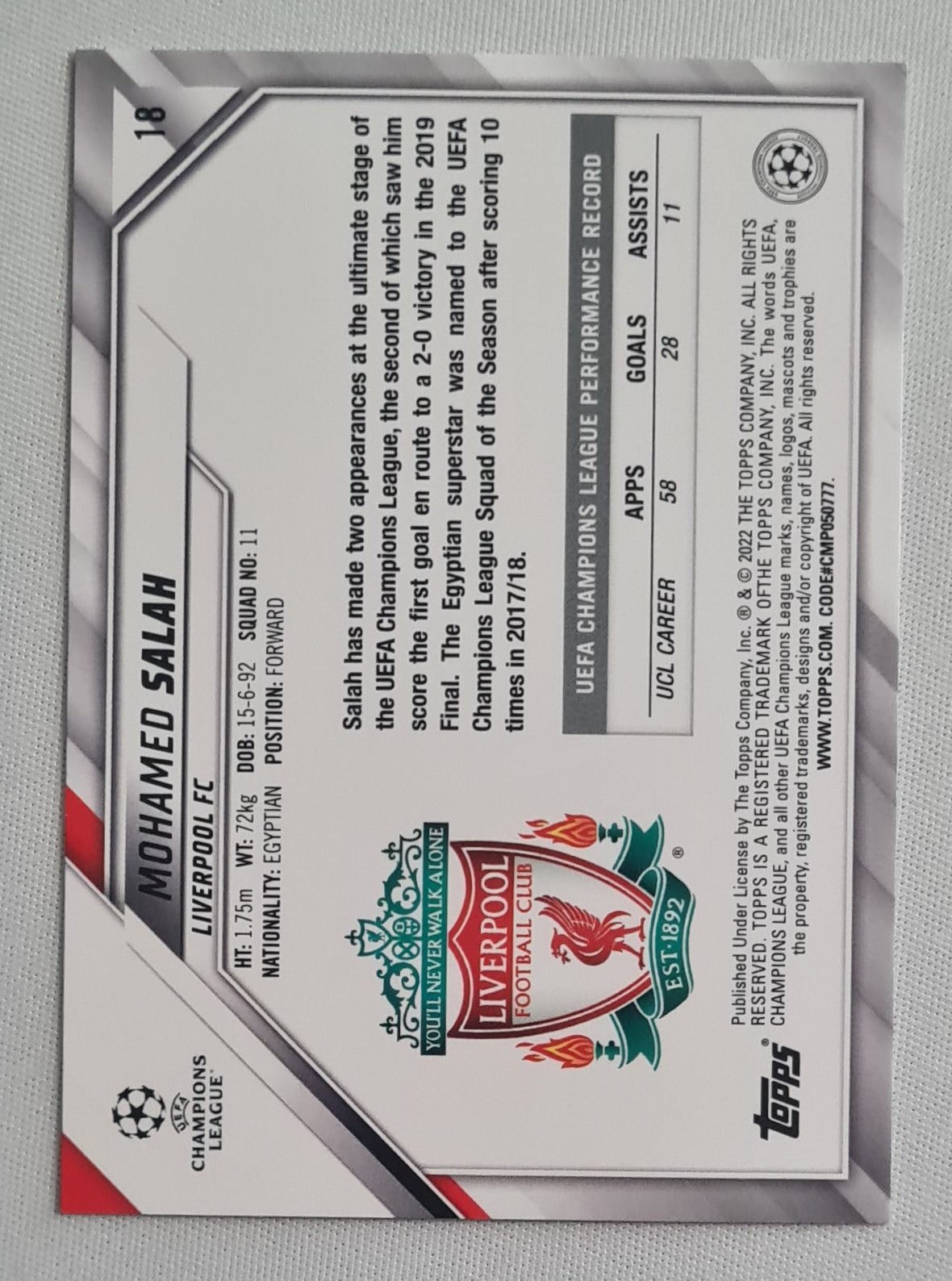 Mohamed Salah - 2022 Topps Premier League Soccer Liverpool (CL) #18