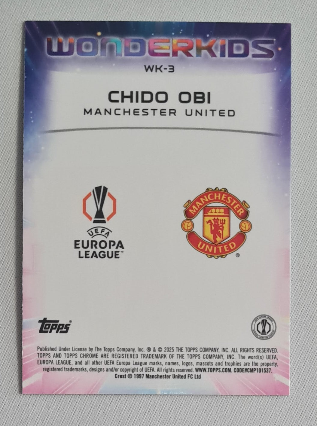 Chido Obi - 2025 Topps Chrome  Wonderkids Manchester United (RC) #WK-3