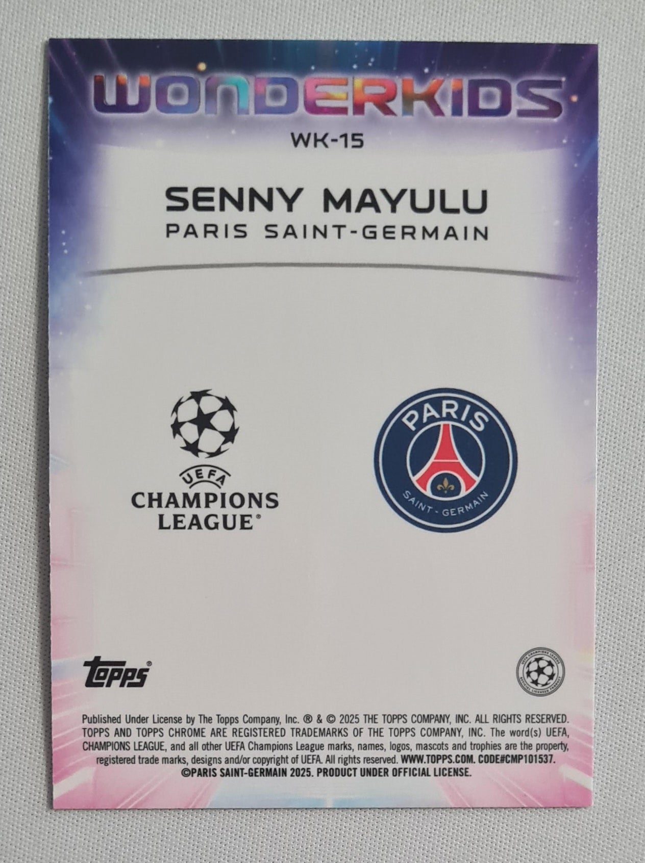 Senny Mayulu - 2025 Topps Chrome  Wonderkids (RC) Paris PSG (CL) #WK-15