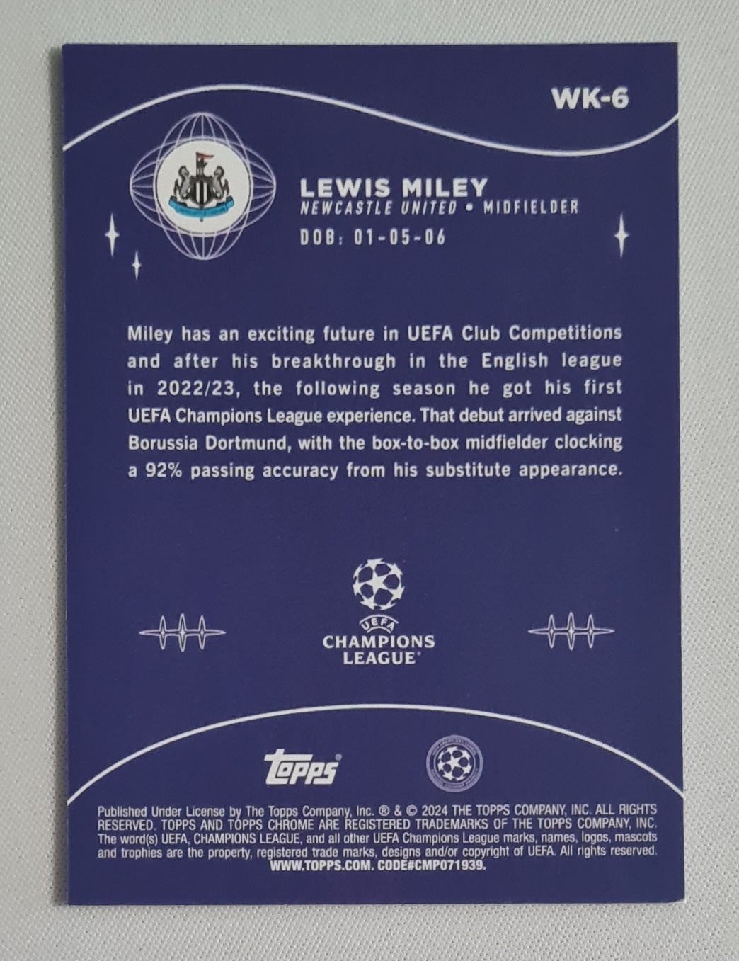 Lewis Miley - 2024 Topps Chrome Wonderkids (RC) Newcastle United (CL) #WK-6