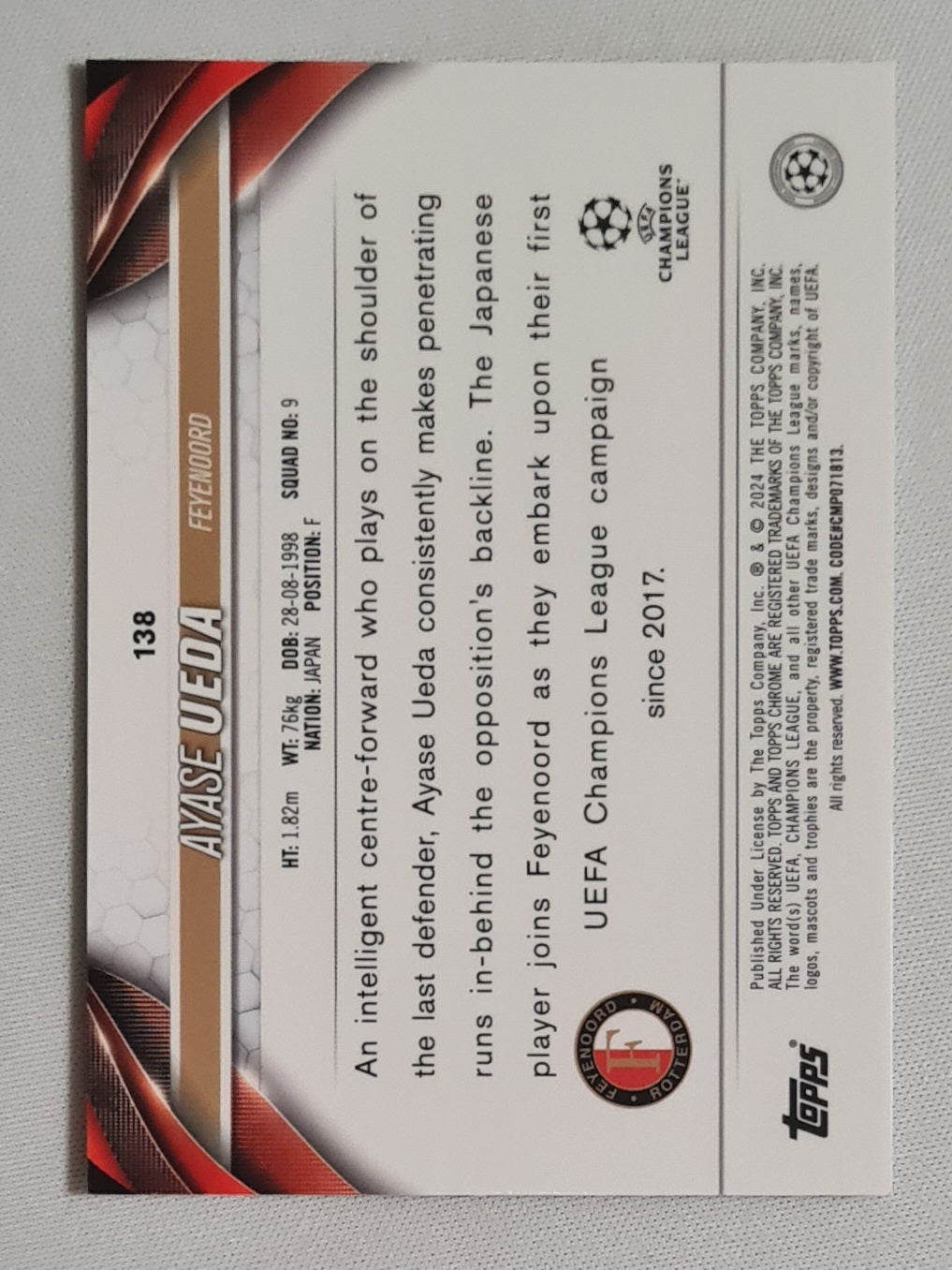 Ayase Ueda - 2024 Topps Chrome Feyenoord Rotterdam (CL) #138 Aqua Wave Refractor /199