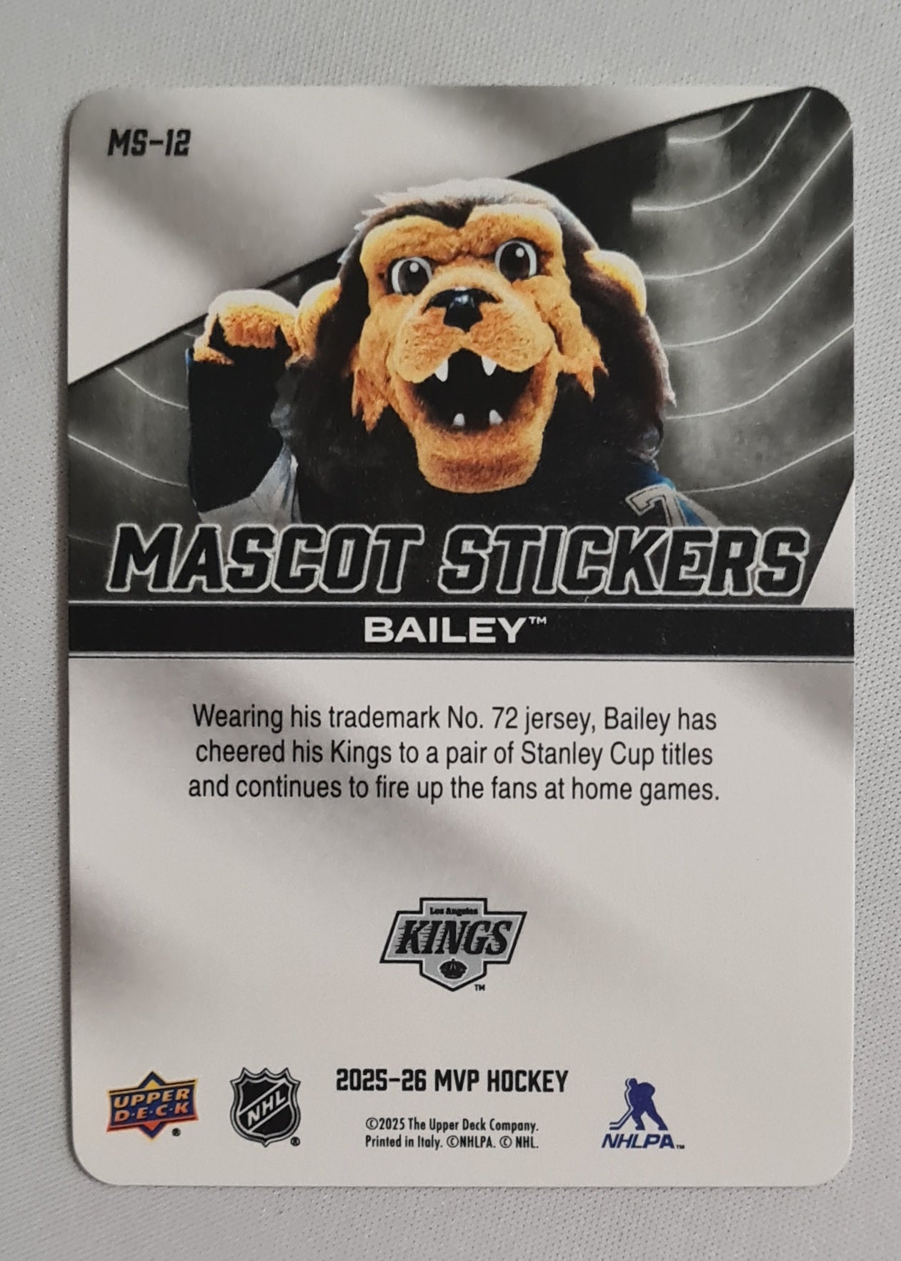 Bailey - 2025 UpperDeck NHL Hockey MVP Mascot Stickers L.A. Kings #MS-12