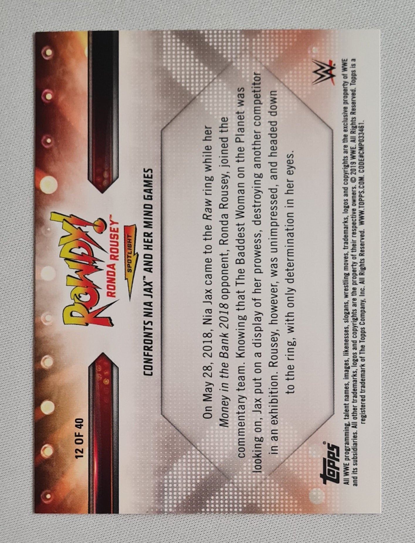 Ronda Rousey - 2019 Topps WWE Wrestling ROWDY! #12 of 40 card set