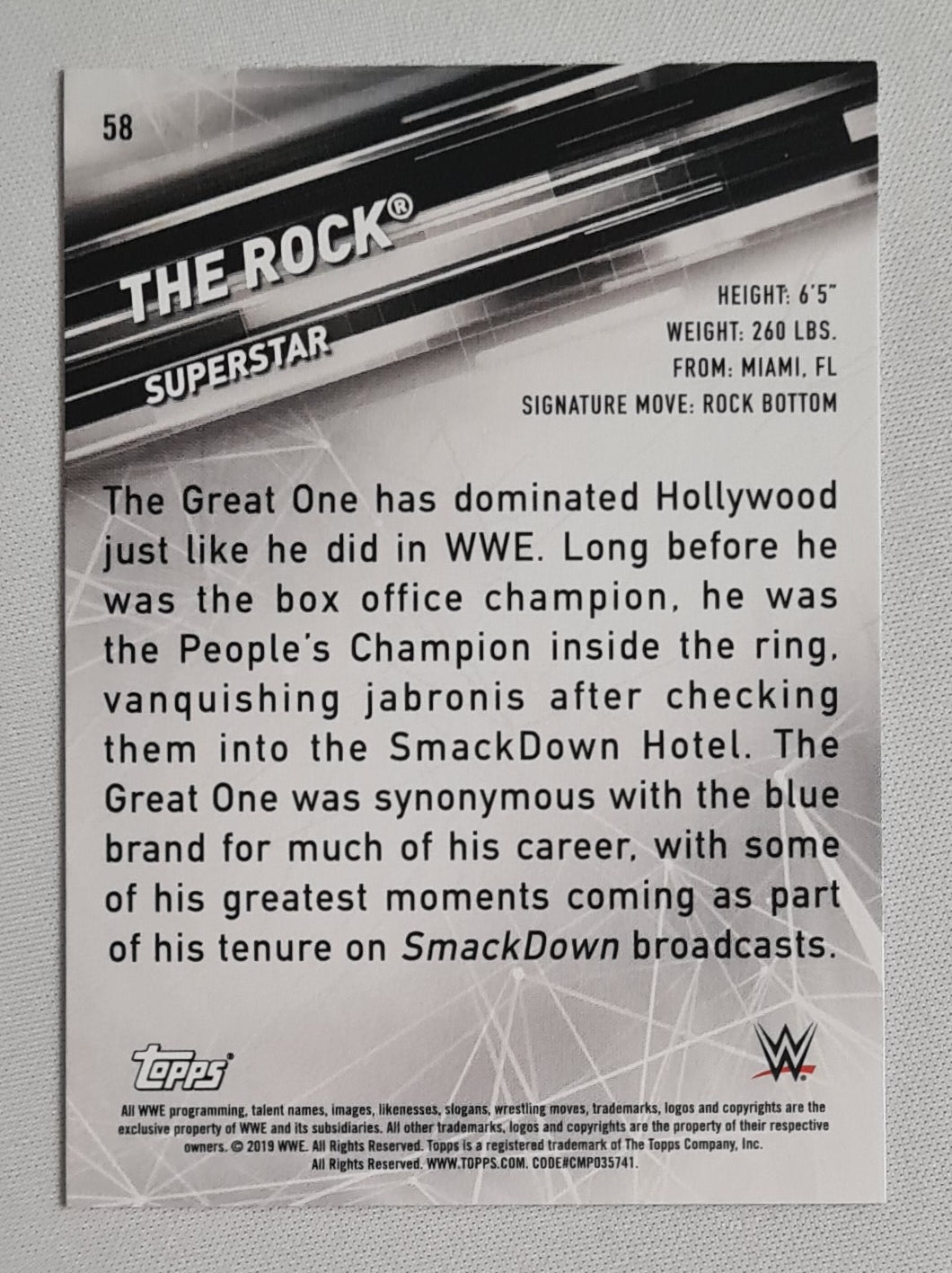 The Rock - 2019 Topps WWE Wrestling Superstar Smack Down Live #58