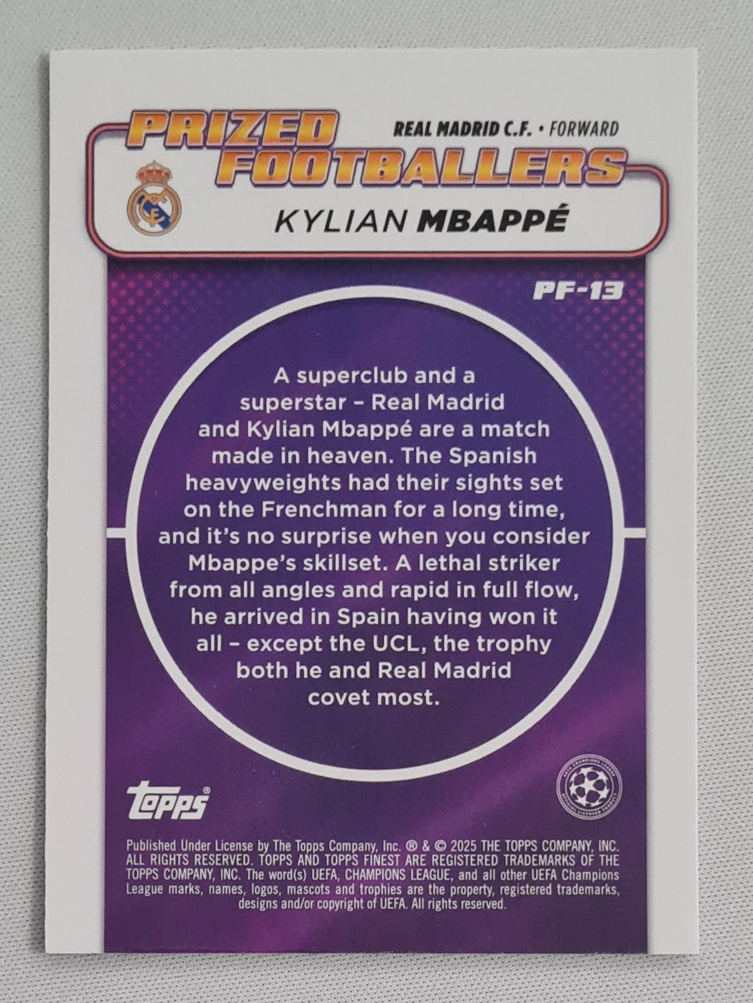 Kylian Mbappe - 2025 Topps Finest Prized Footballers (CL) Real Madrid C.F. #PF-13