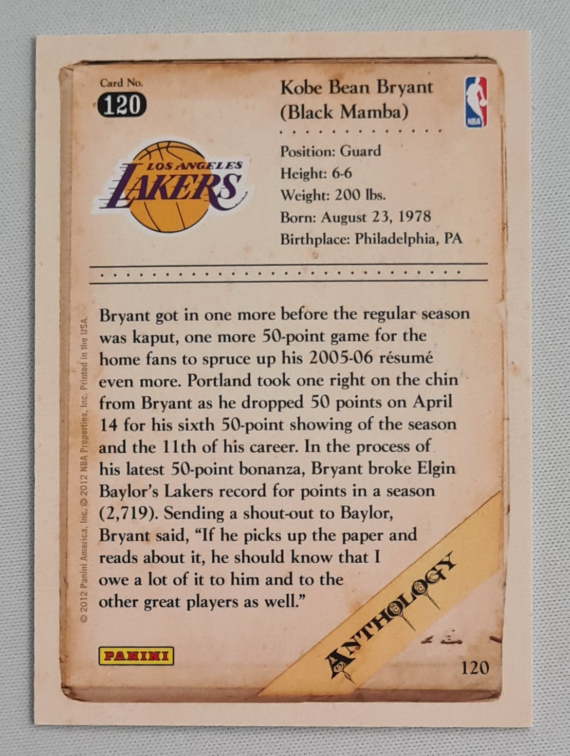 Kobe Bean Bryant - 2012 Panini Anthology NBA Basketball L.A. Lakers #120