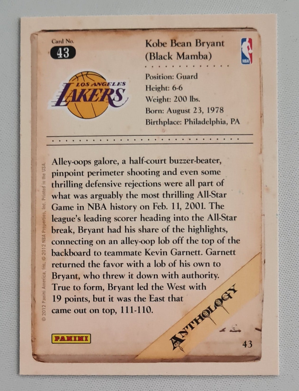 Kobe Bean Bryant - 2012 Panini Anthology NBA Basketball L.A. Lakers #43