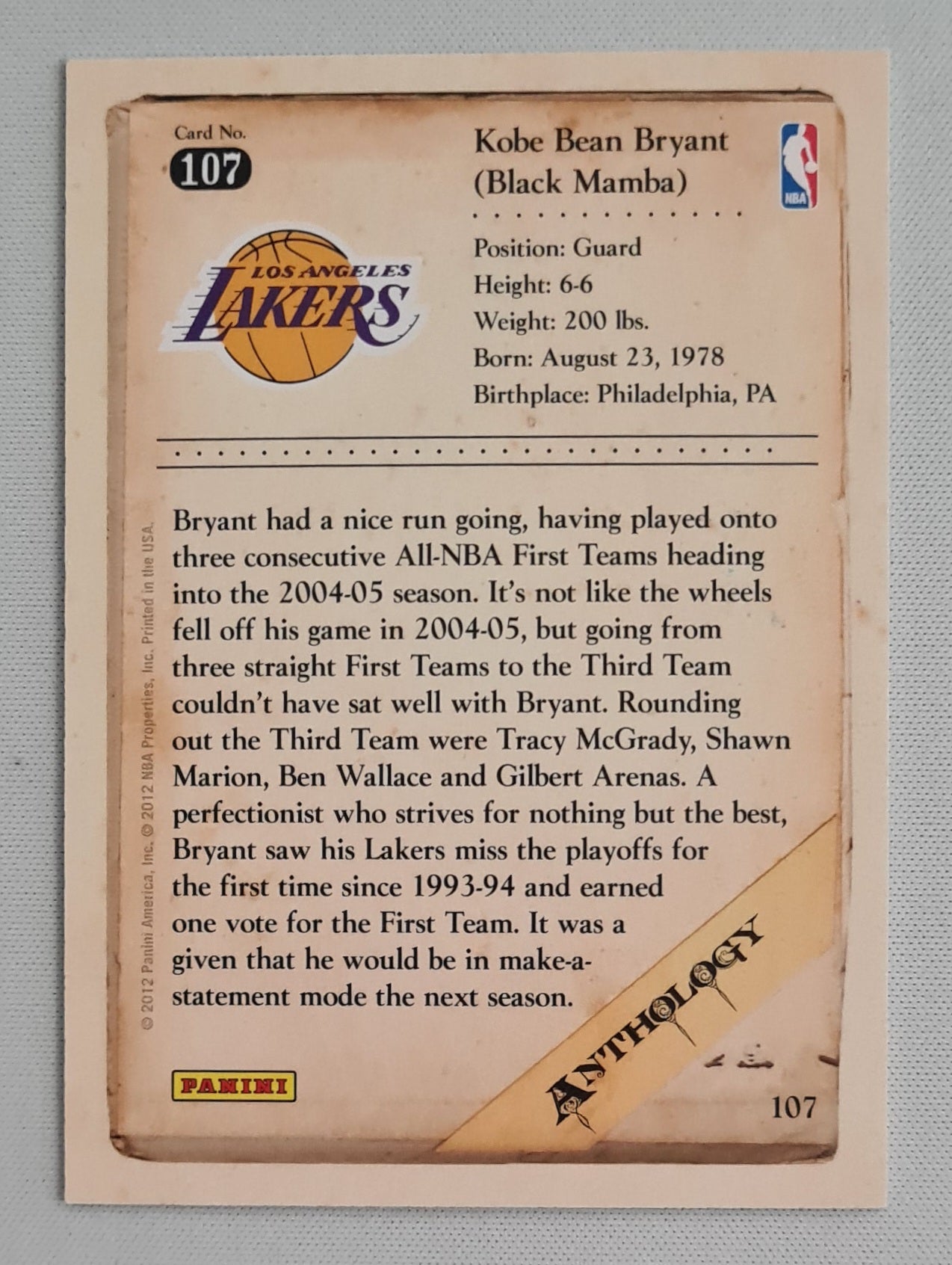 Kobe Bean Bryant - 2012 Panini Anthology NBA Basketball L.A. Lakers #107