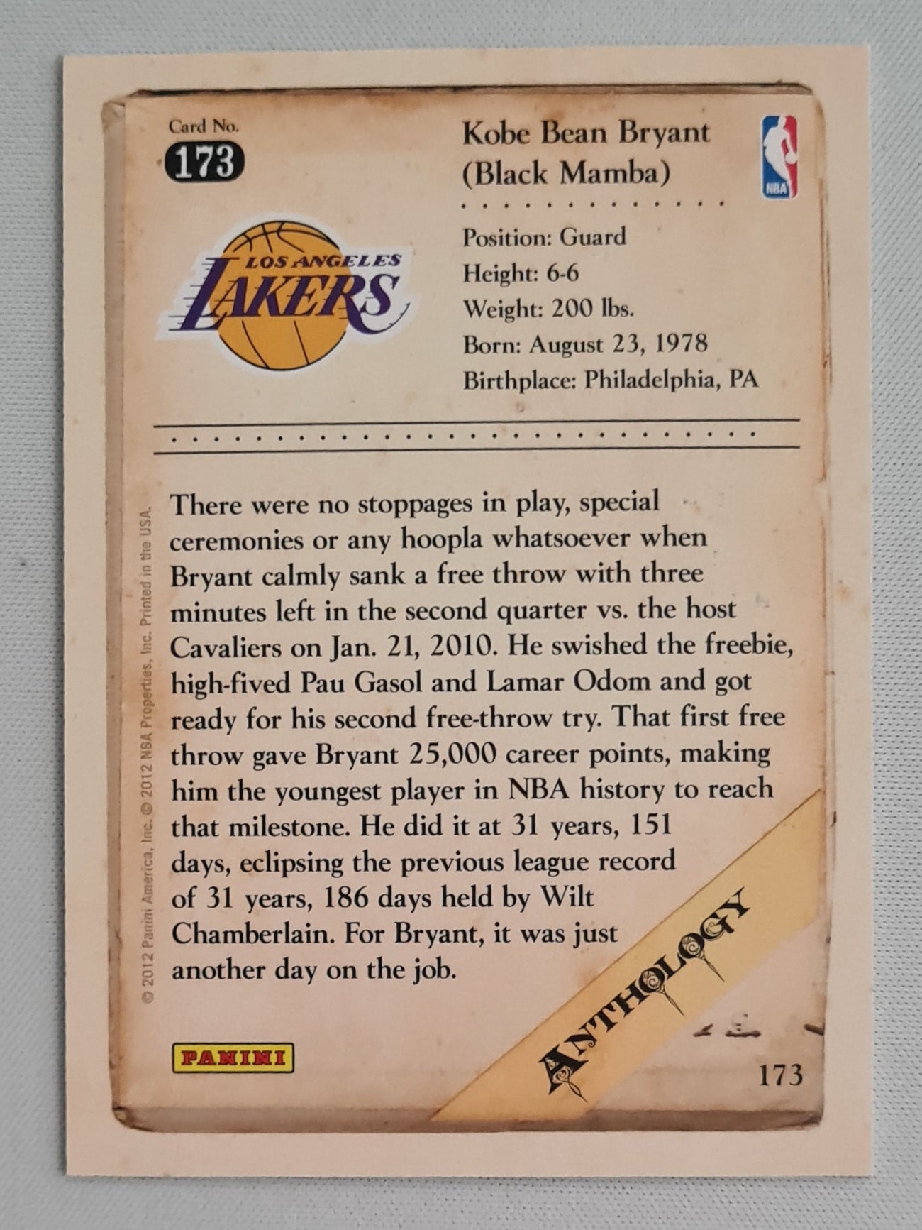 Kobe Bean Bryant - 2012 Panini Anthology NBA Basketball L.A. Lakers #173