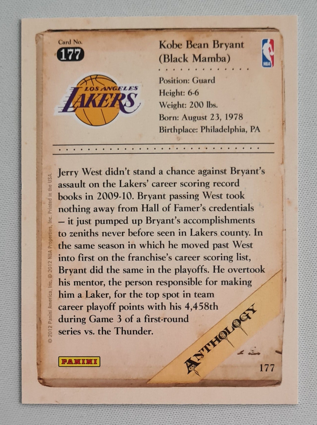 Kobe Bean Bryant - 2012 Panini Anthology NBA Basketball L.A. Lakers #177