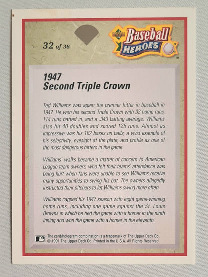 Ted Williams - 1991 Upper Deck MLB Baseball Heroes - 1947 Second Triple Crown #32 of 36 set